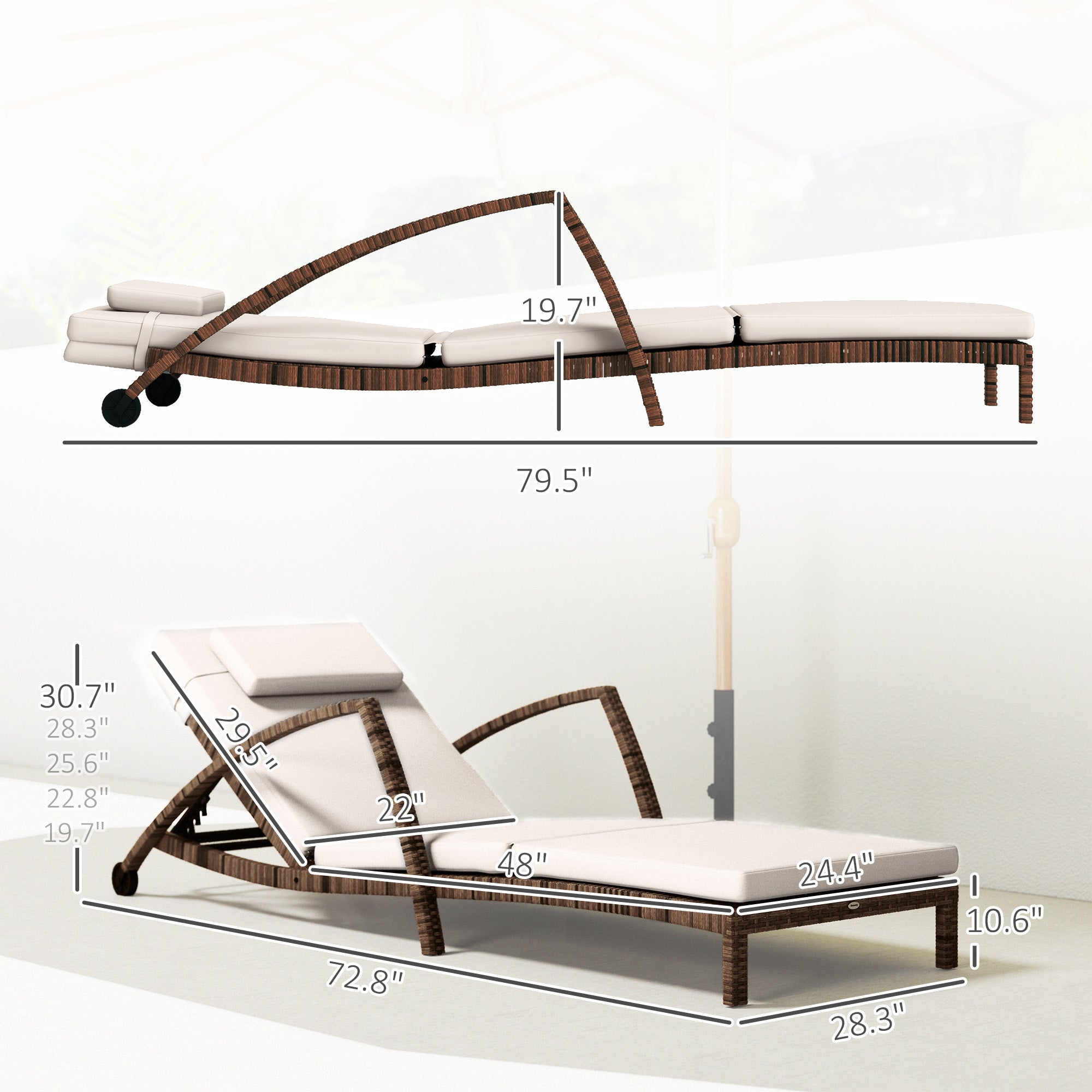 Outsunny Set of 2 Outdoor Chaise Lounge Chair with Wheels, 5-Position Adjustable Reclining, Beige - 862-078V01BG