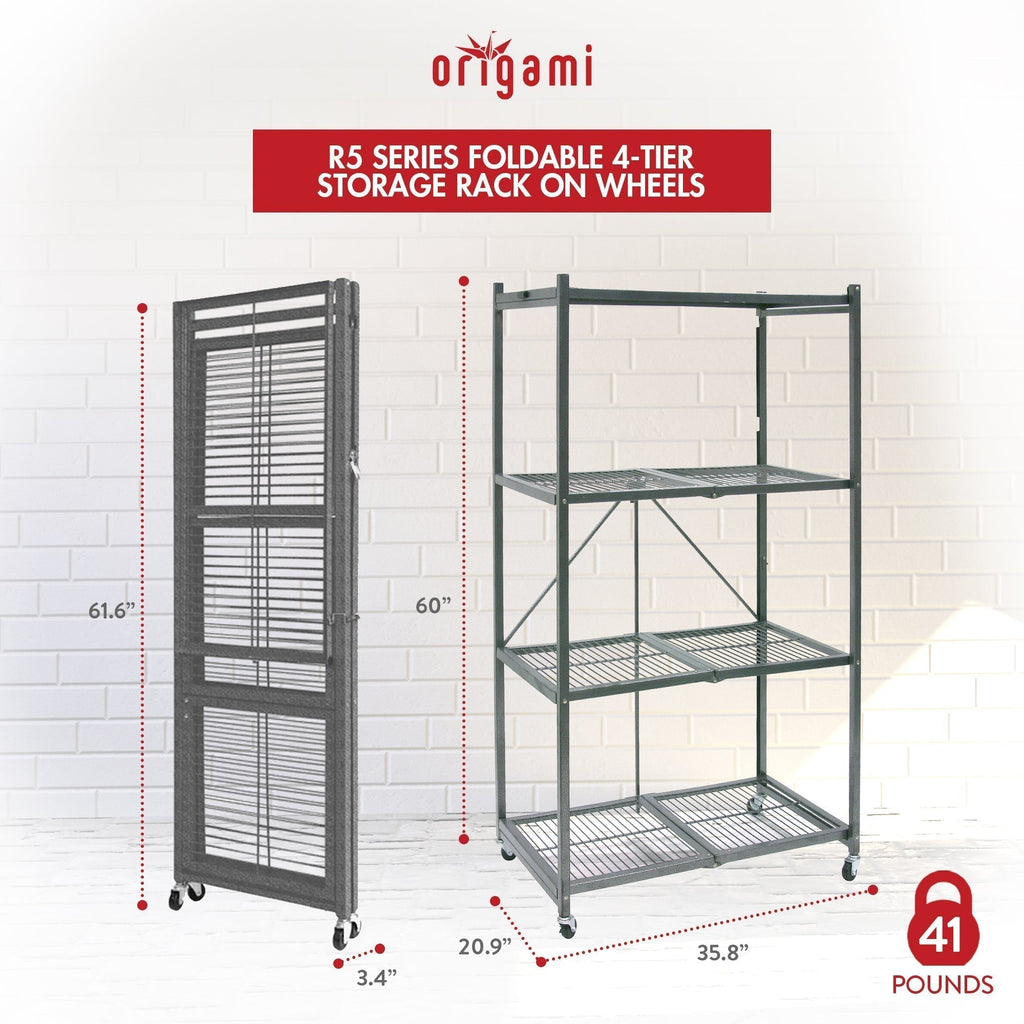 Origami 4 Tier Multipurpose Folding Storage Rack with Wheels, 4 Pack, Gray - 414443