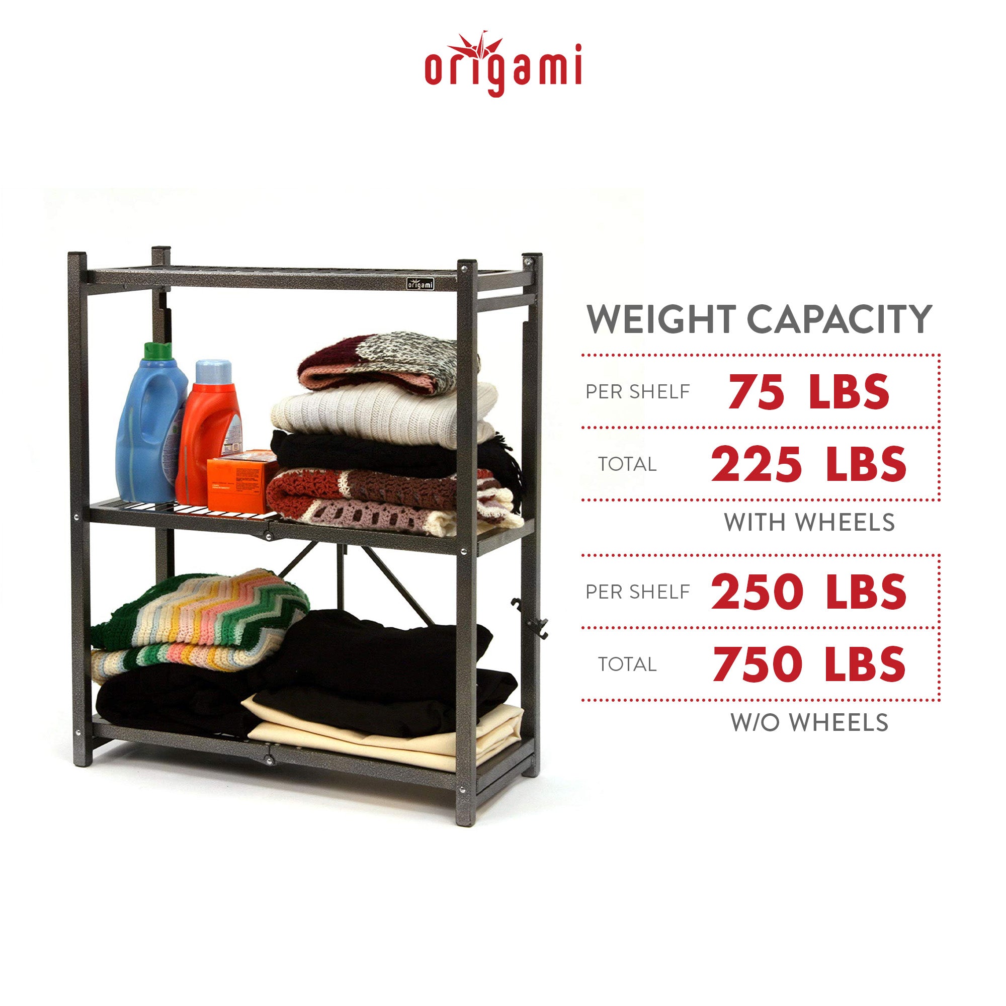 Origami R3 Foldable 3-Tiered Shelf Storage Rack & Wheels, Pewter (6 Pack) - 253009