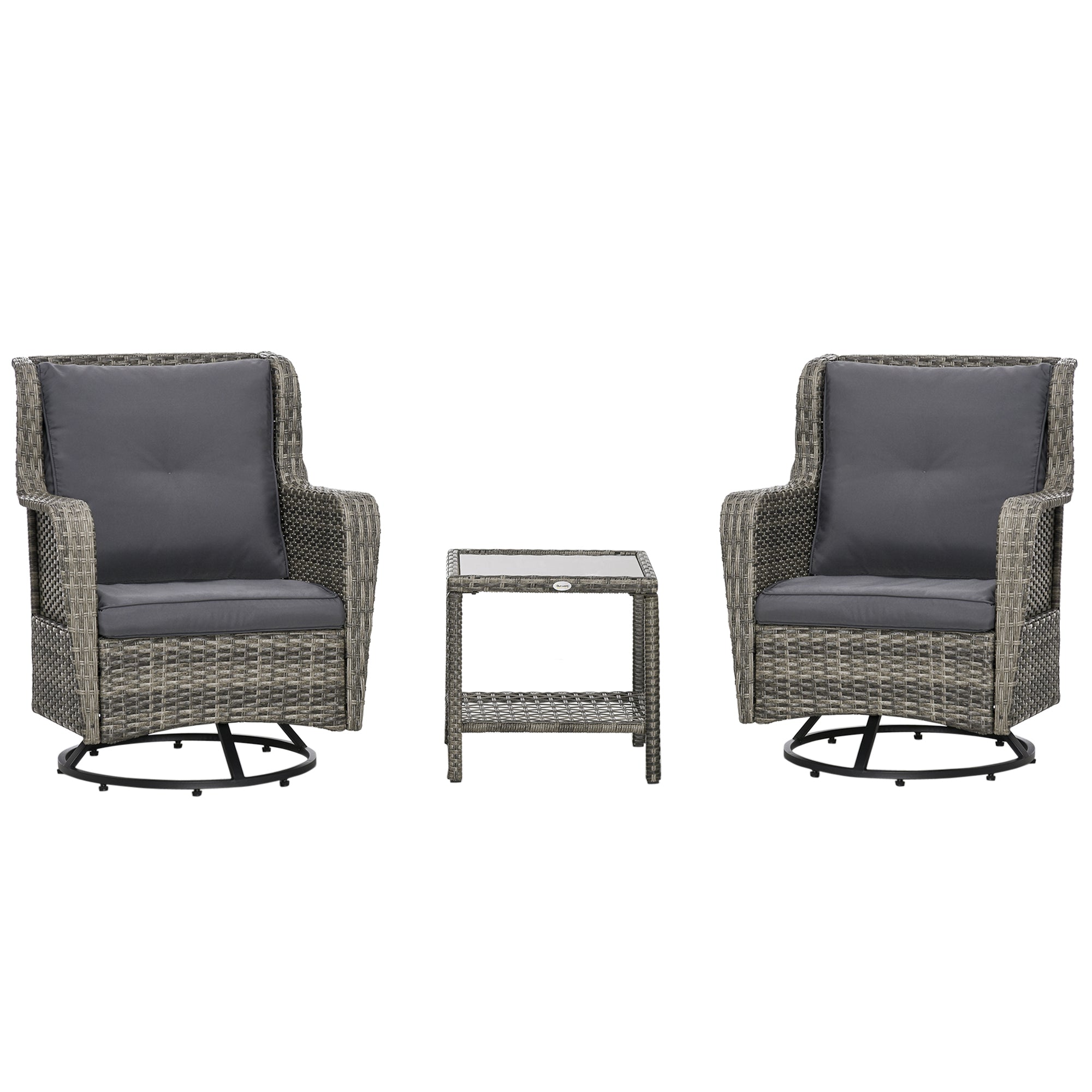 Outsunny 3 Pieces Patio Bistro Set with Glass Coffee Table and Swivel Porch Chairs, Gray - 863-113V00GG