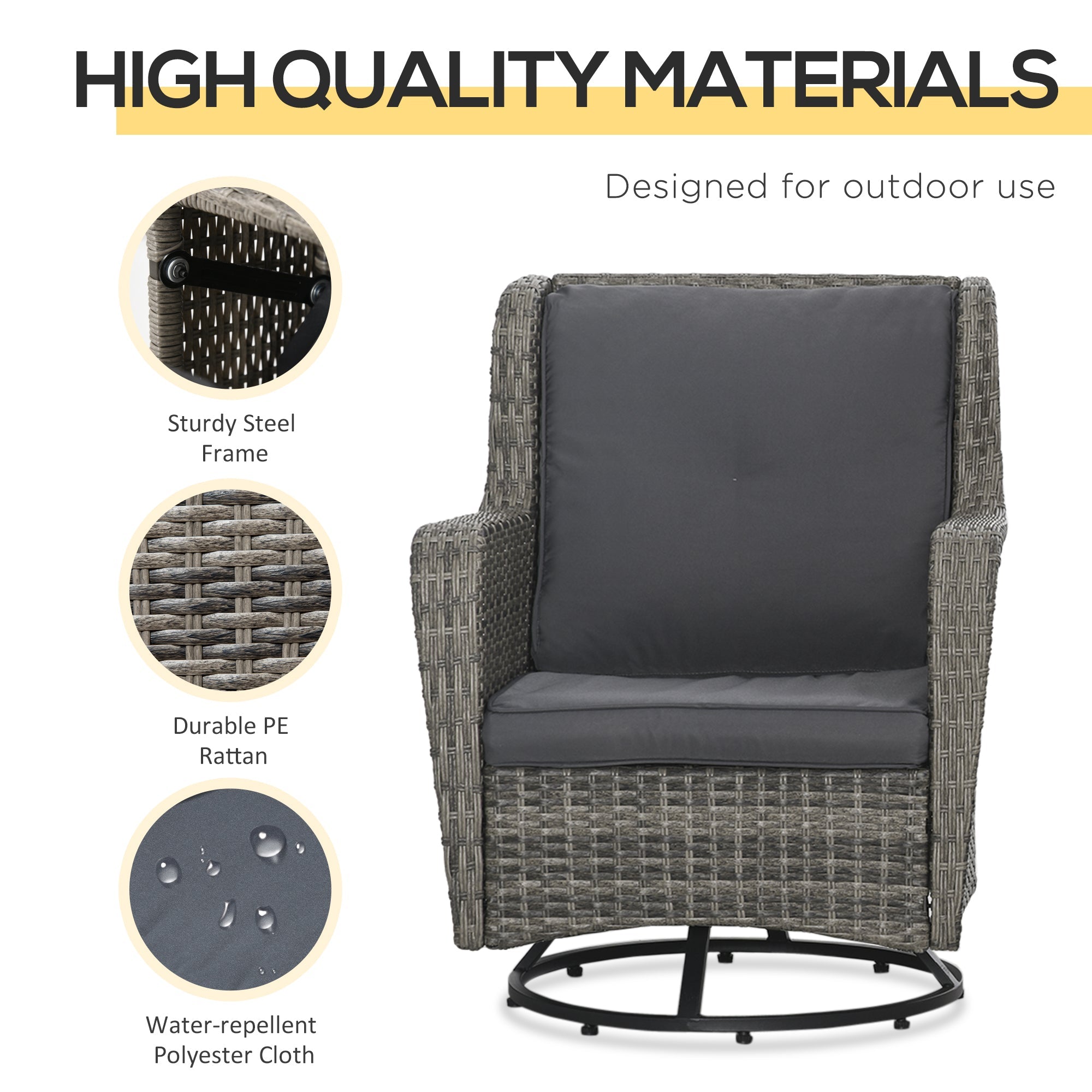 Outsunny 3 Pieces Patio Bistro Set with Glass Coffee Table and Swivel Porch Chairs, Gray - 863-113V00GG
