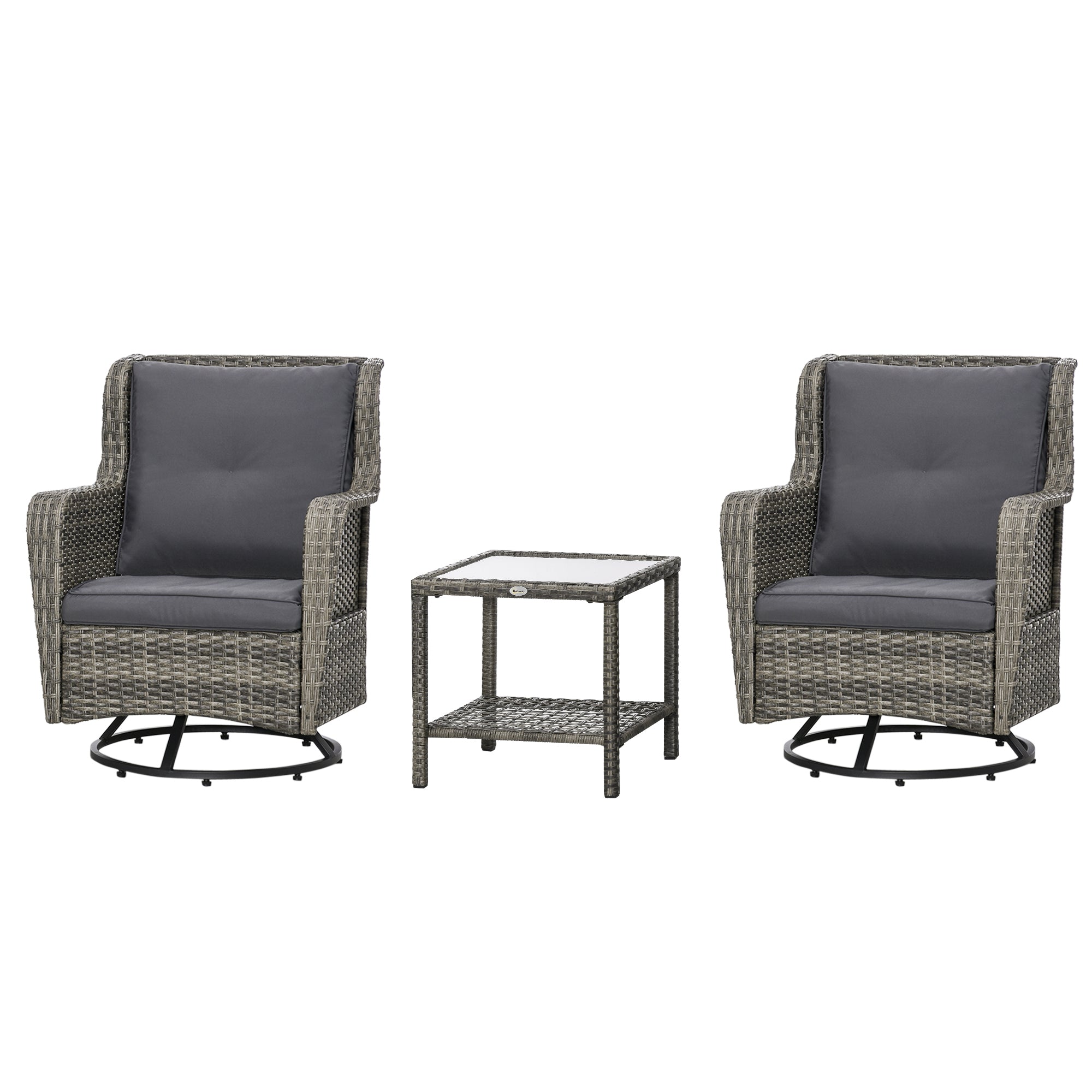 Outsunny 3 Pieces Patio Bistro Set with Glass Coffee Table and Swivel Porch Chairs, Gray - 863-113V00GG