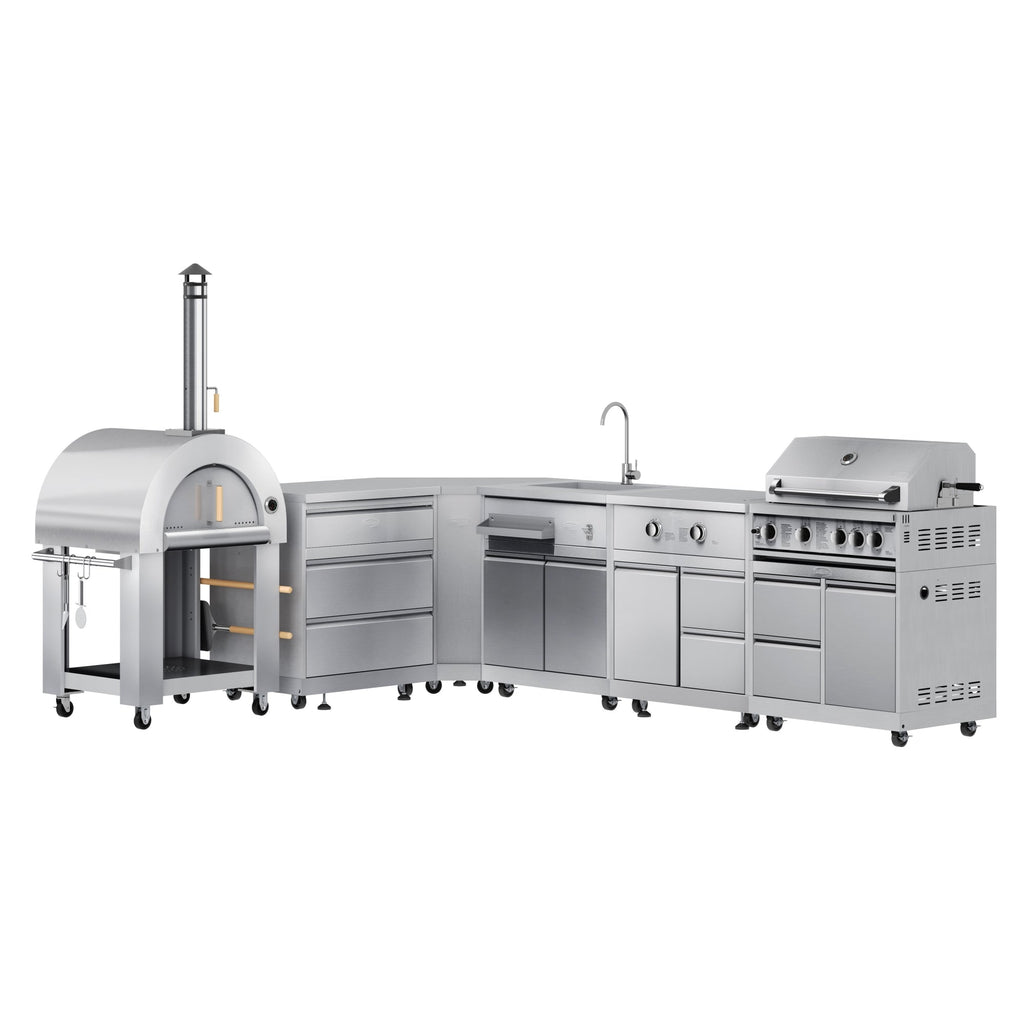 KOOLMORE KoolMore Outdoor Kitchen Series Modular Kitchen with a Wood fire Pizza Oven, 3 Drawer Cabinet, Corner Cabinet, Sink, Side Burner, 30 in. BBQ Grill and Cabinet in Stainless-Steel  - KMOKSKITCONFIG110