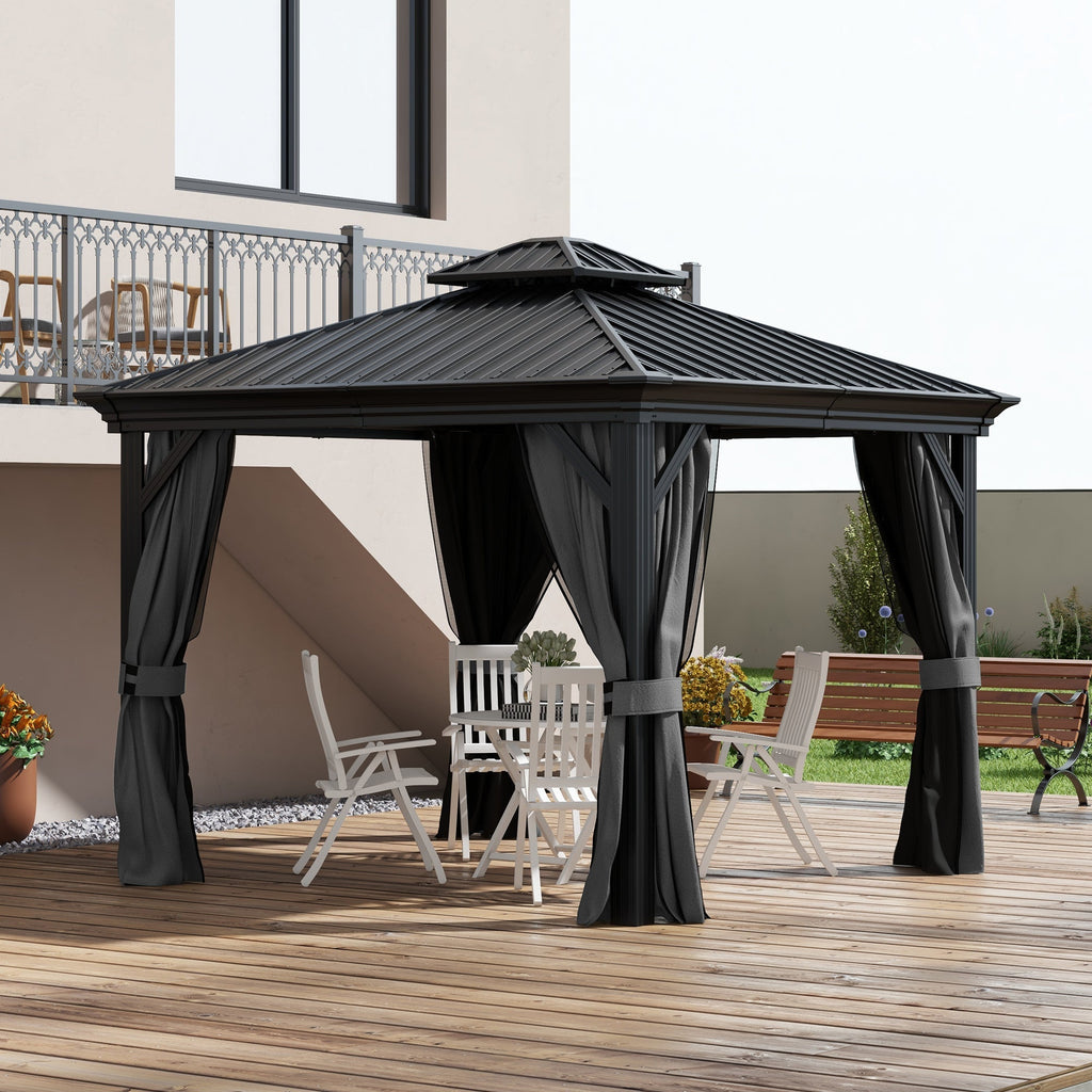 Outsunny 10' x 10' Hardtop Pavilion Gazebo with Curtains, Nettings, Aluminum Frame, Hooks, Light Gray - 84C-204V05LG