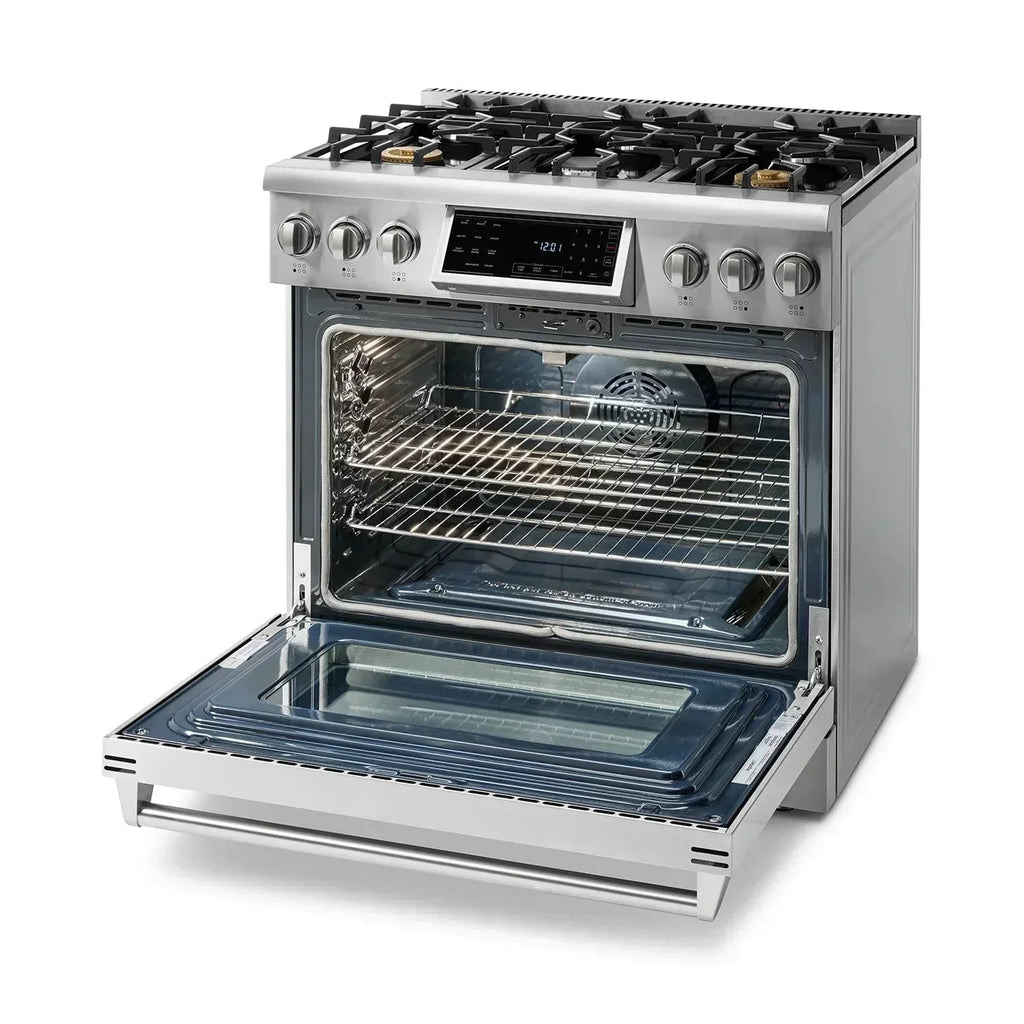 Thor Kitchen Appliance Package - 36 In. Gas Range, Range Hood, Refrigerator with Water and Ice Dispenser, Dishwasher, AP-TRG3601-W-7