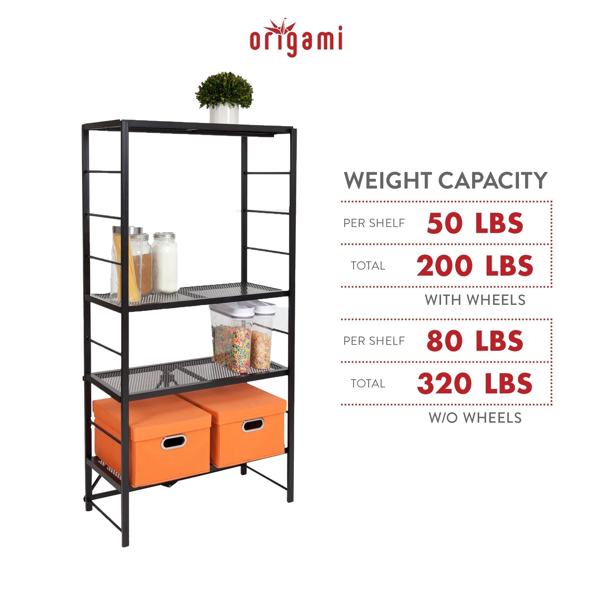 Origami 4 Pack Folding Steel Storage Rack, Adjustable Shelves, R2 Series, Black - 415216