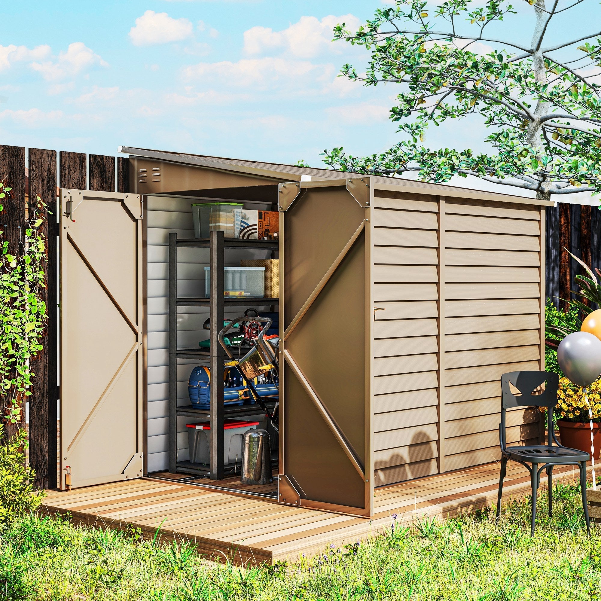 Outsunny 4.6' x 9' Steel Outdoor Storage Shed, with Foundation Kit, Lockable Doors and Gloves, Brown - 845-841V01BN