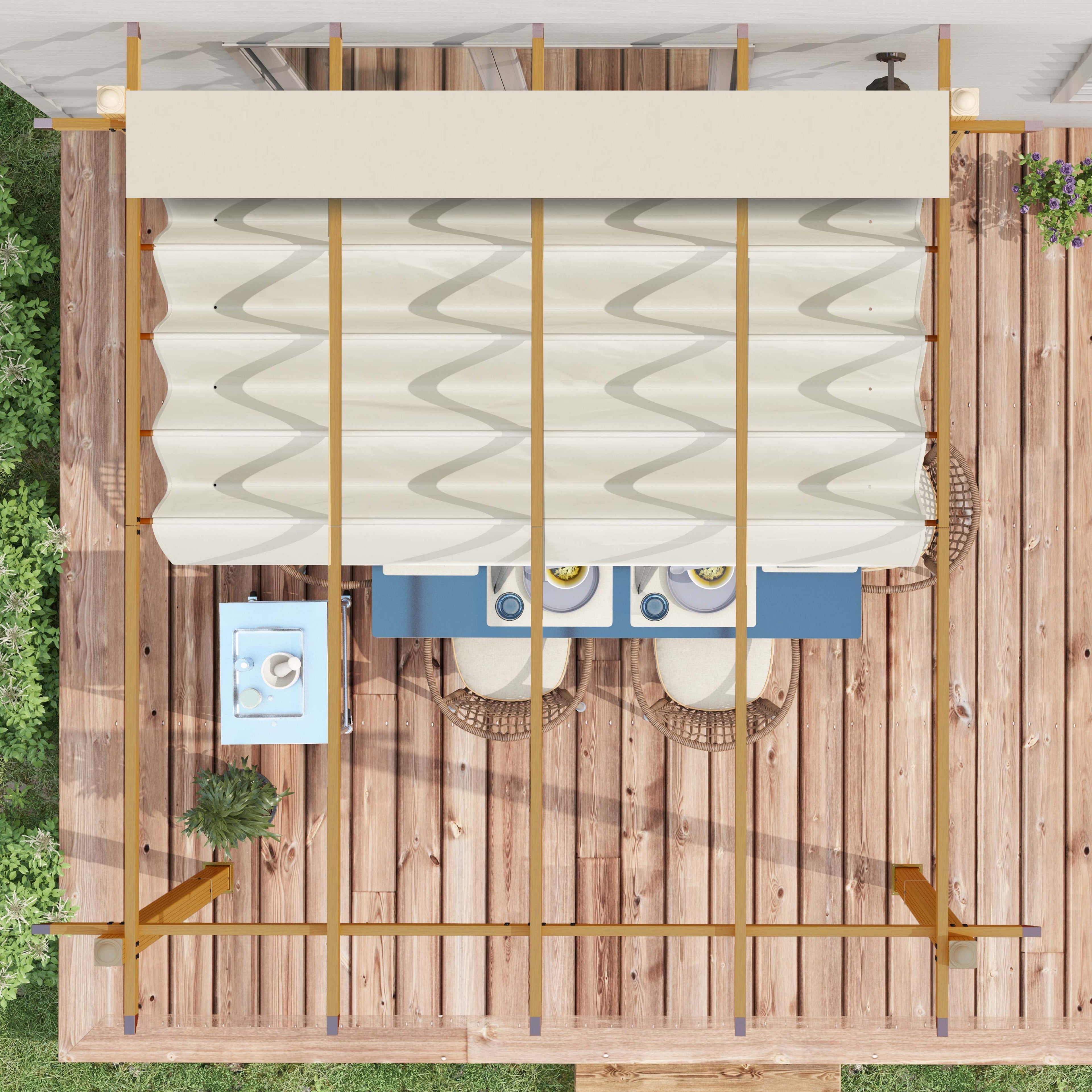 Outsunny 10' x 12' Retractable Pergola Canopy, Wood Grain Aluminum Frame, for Outdoor Shade Shelter, Cream - 84C-472V01ND