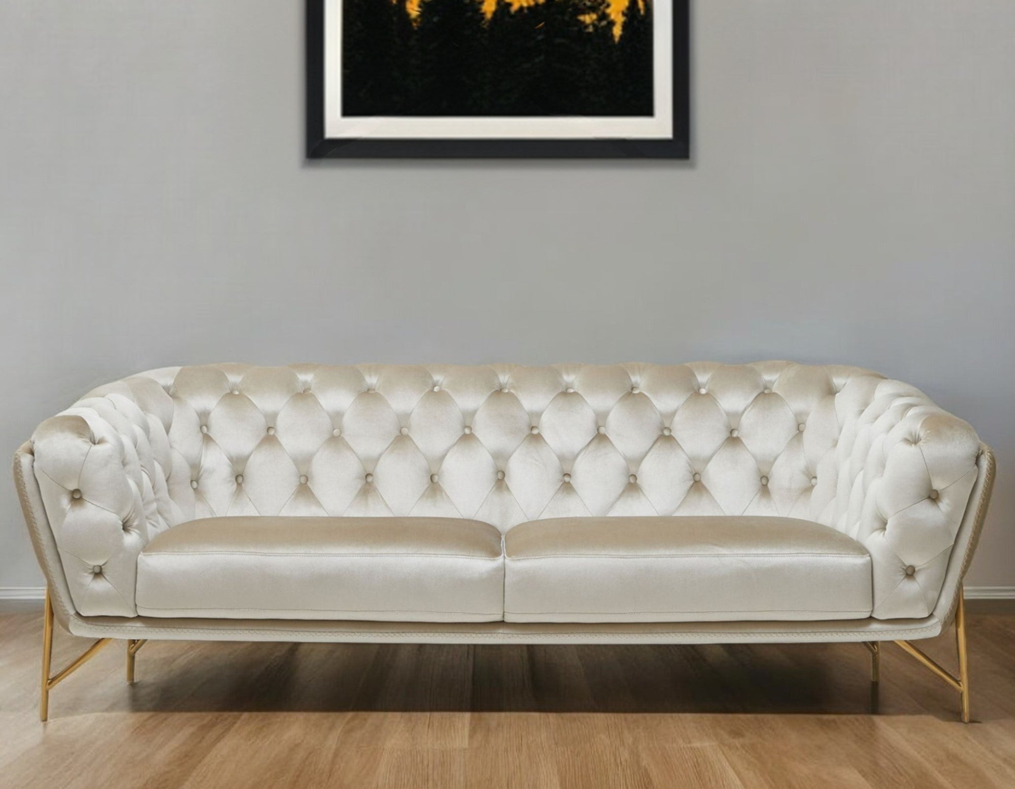 Modway Furniture 88" Beige Velvet Sofa with Gold Legs - Luxurious Comfort, Elegant Design & Tufted Detailing for Your Home - 488828-HOMEROOTS