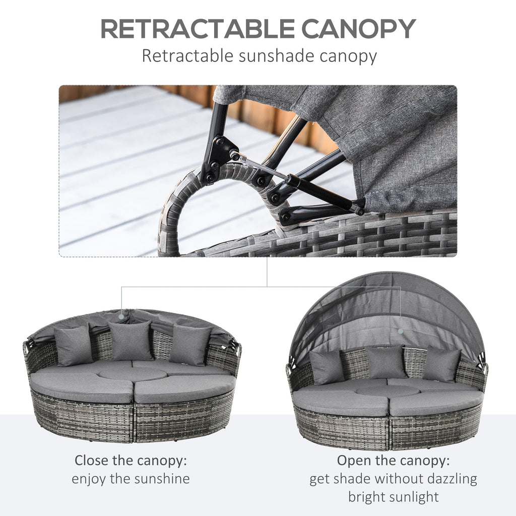 Outsunny Round Outdoor Daybed with Canopy, 4-Piece Sectional Outdoor Sofa, 3 Chairs, Tea Table, Gray - 862-047