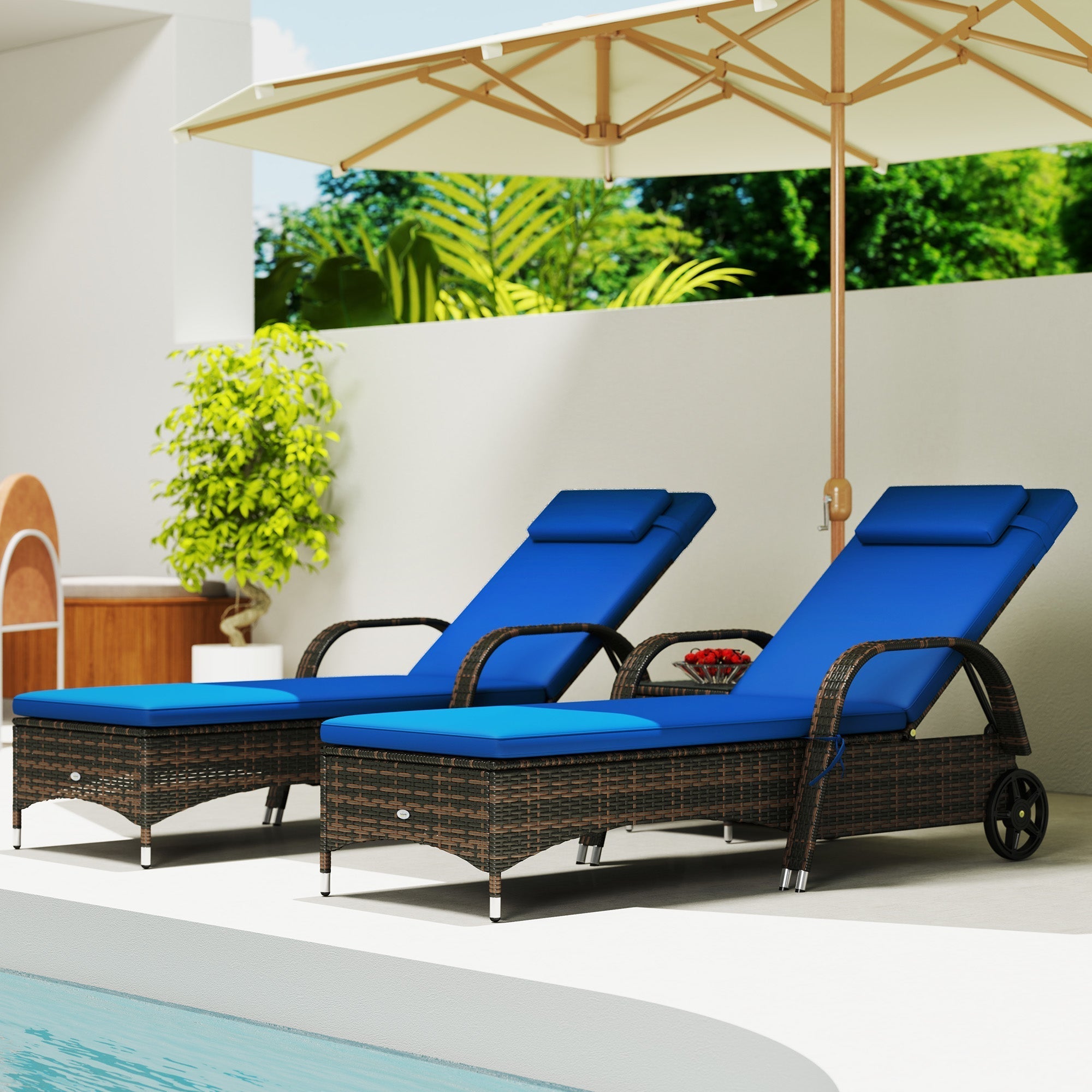 Outsunny 3-Piece Wicker Chaise Lounge Chair Set with Side Table, 5-Level Adjustable Backrest, Blue - 862-011V01BU
