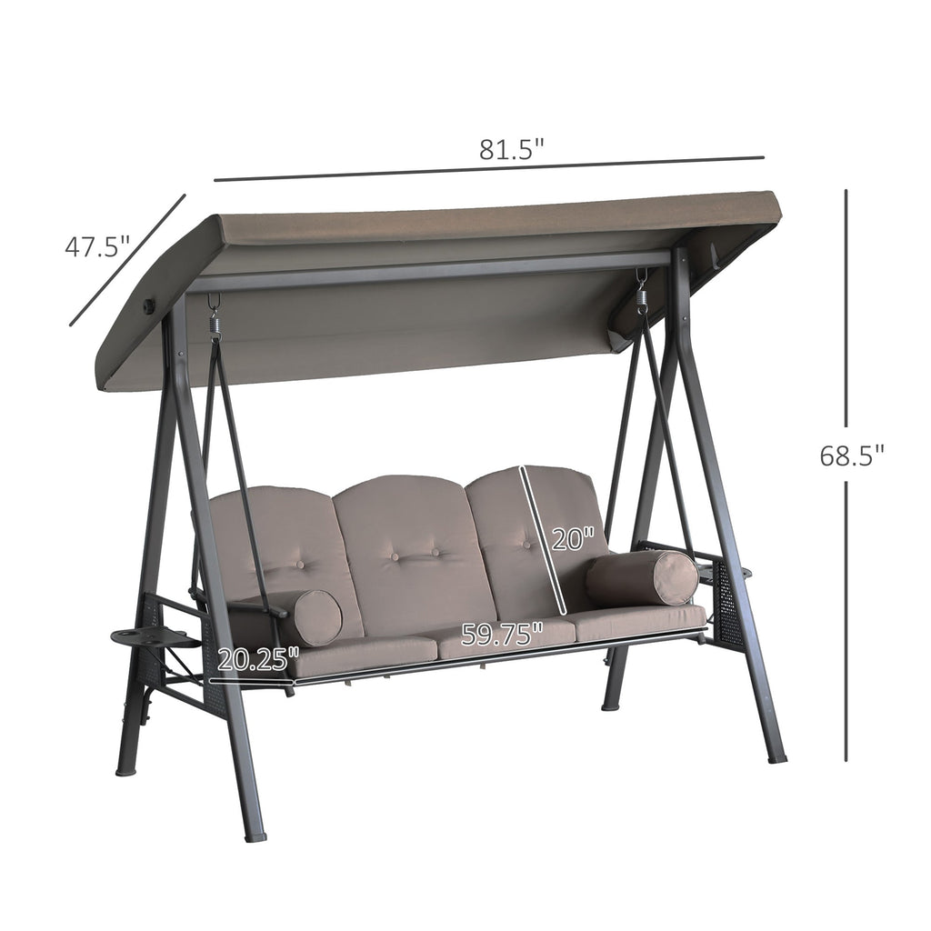 3-Seat Patio Swing Chair with Adjustable Canopy, Removable Cushion & Side Trays, Brown - 84A-068BN