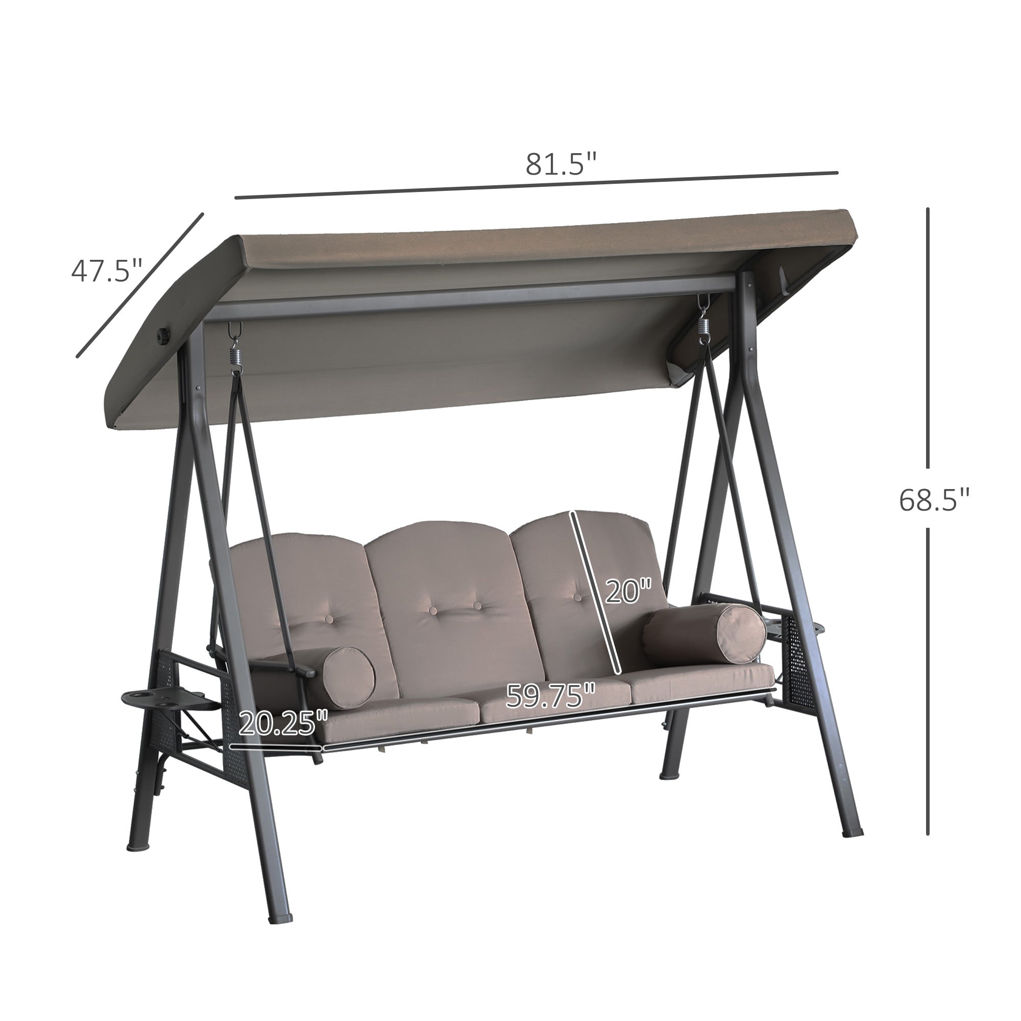 3-Seat Patio Swing Chair with Adjustable Canopy, Removable Cushion & Side Trays, Brown - 84A-068BN