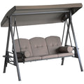 3-Seat Patio Swing Chair with Adjustable Canopy, Removable Cushion & Side Trays, Brown - 84A-068BN