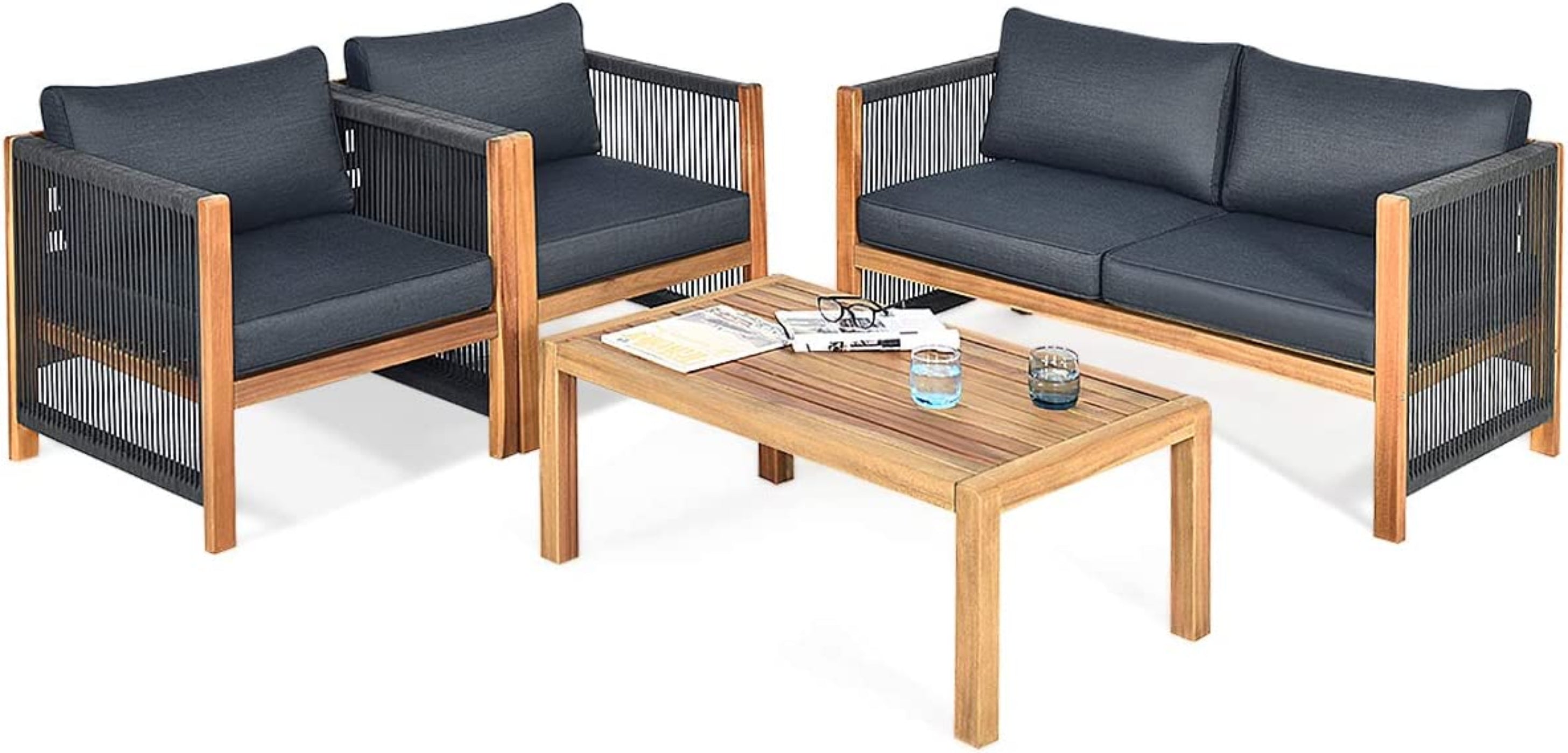 Tangkula Outdoor Wood Furniture Set, Acacia Wood Frame Loveseat Sofa, 2 Single Chairs and Coffee Table - HW63868RE