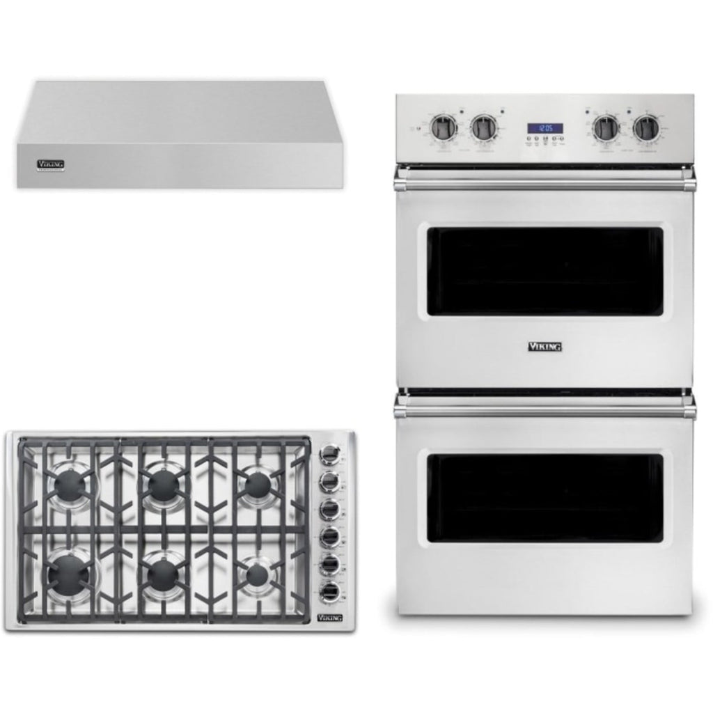 Viking 3-Piece Package 36 Inch Professional 5 Series Gas Cooktop and 27 Inch Double Convection Electric Wall Ove and 36 Inch Wall Mount Range Hoo - VDOE527SS