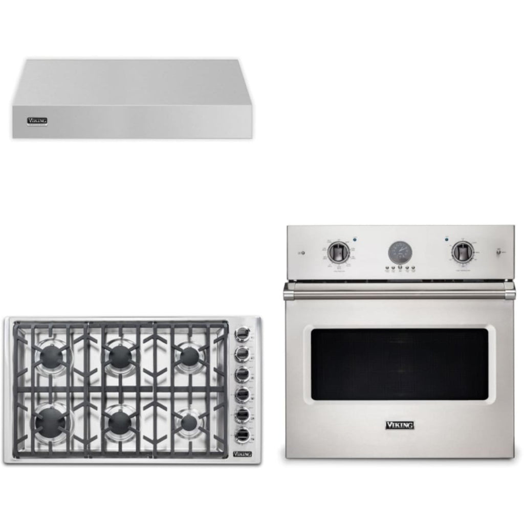 Viking 3-Piece Package 36 Inch Gas Rangetop and 30 Inch Single Wall Ove and 36 Inch Wall Mount Range Hoo - VSOE530SS