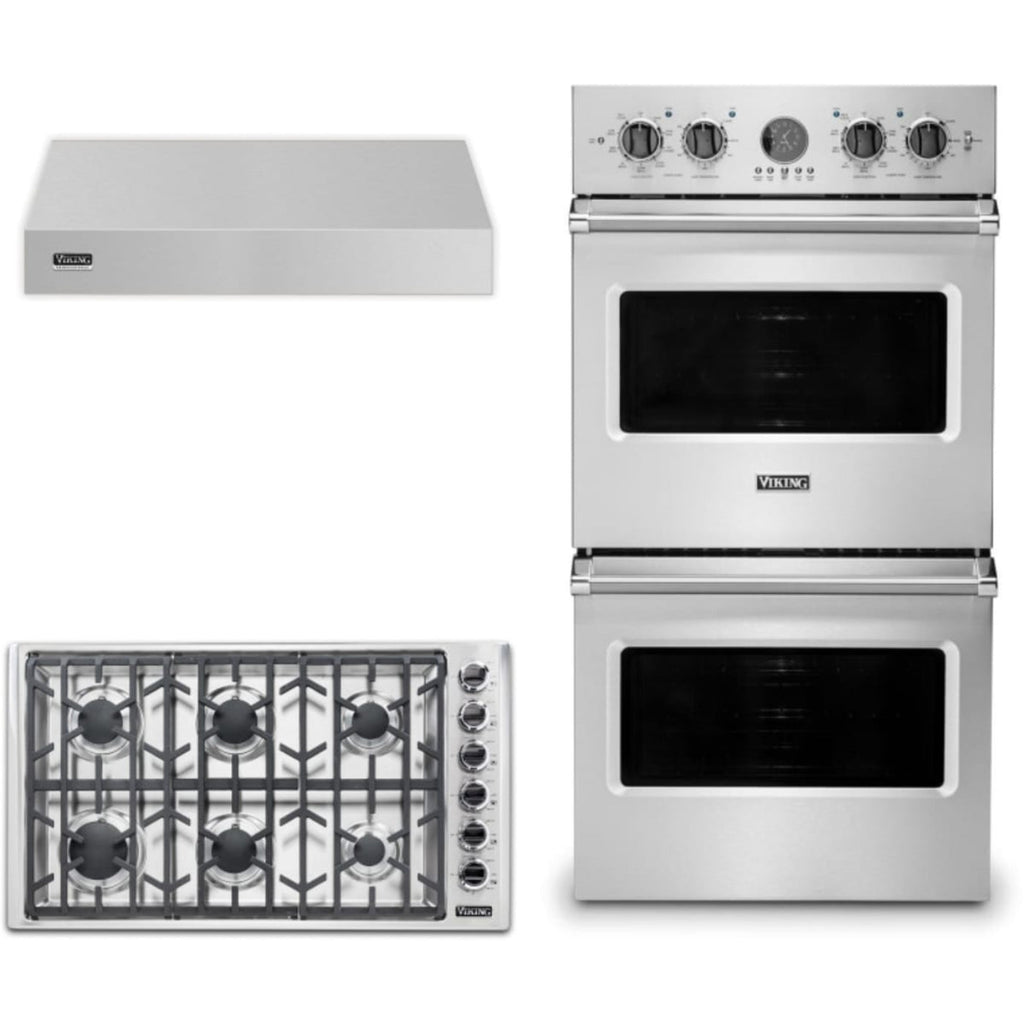 Viking 3-Piece Package 36 Inch Professional 5 Series Gas Cooktop and 27 Inch Double Convection Electric Wall Ove and 36 Inch Wall Mount Range Hoo - VDOE527SS