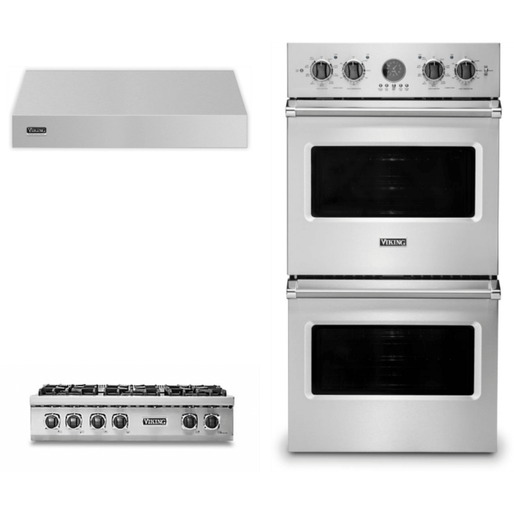 Viking 3-Piece Package 36 Inch Gas Rangetop and VDOE527SS 27 Inch Double Convection Electric Wall Ove and VWH536121SS 36 Inch Wall Mount Range Hoo - VRT5366BSS