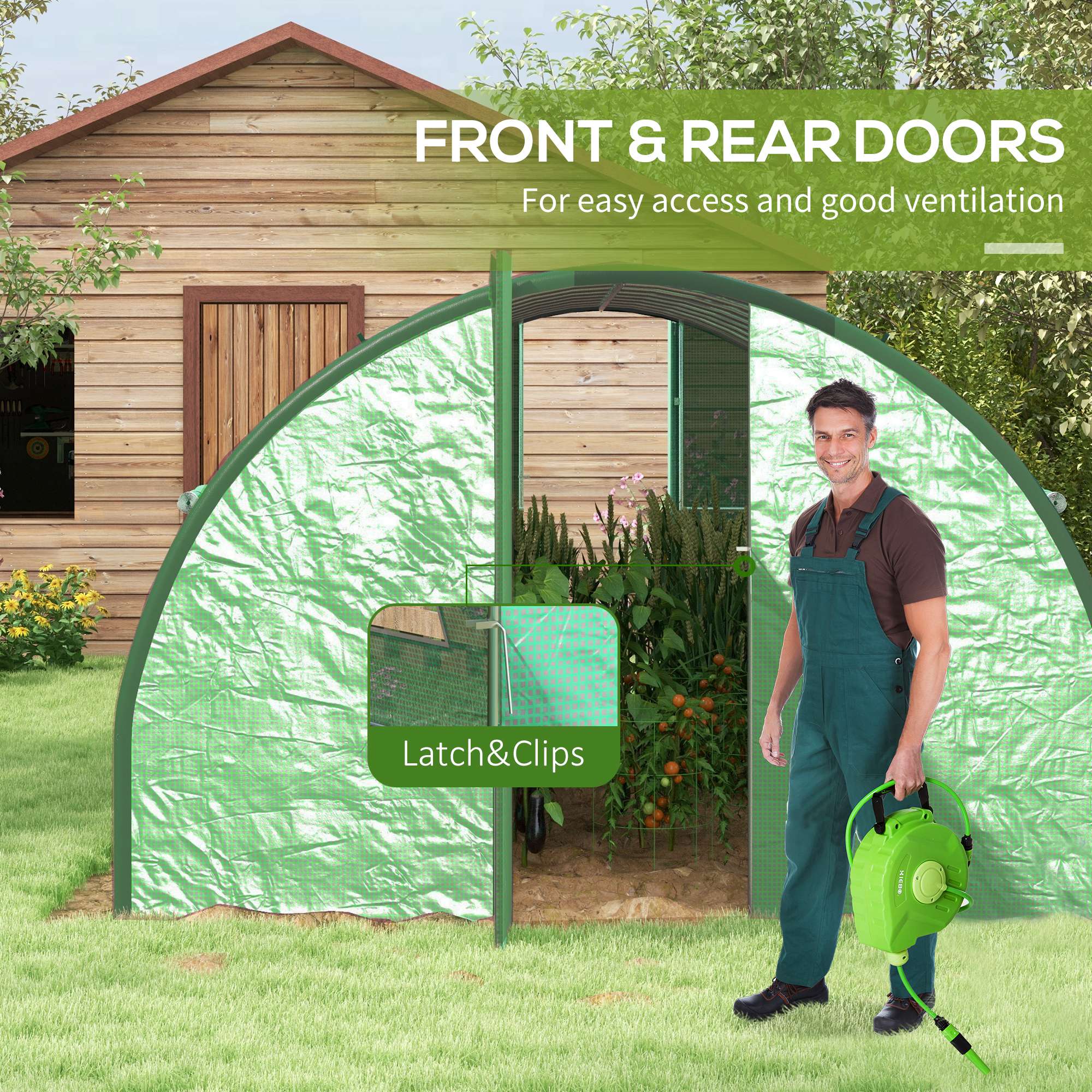 Outsunny 20' x 10' x 6.6'  Walk-in Tunnel Greenhouse with Reinforced Structure, 2 Doors, 8 Windows, Green - 84H-033V00GN