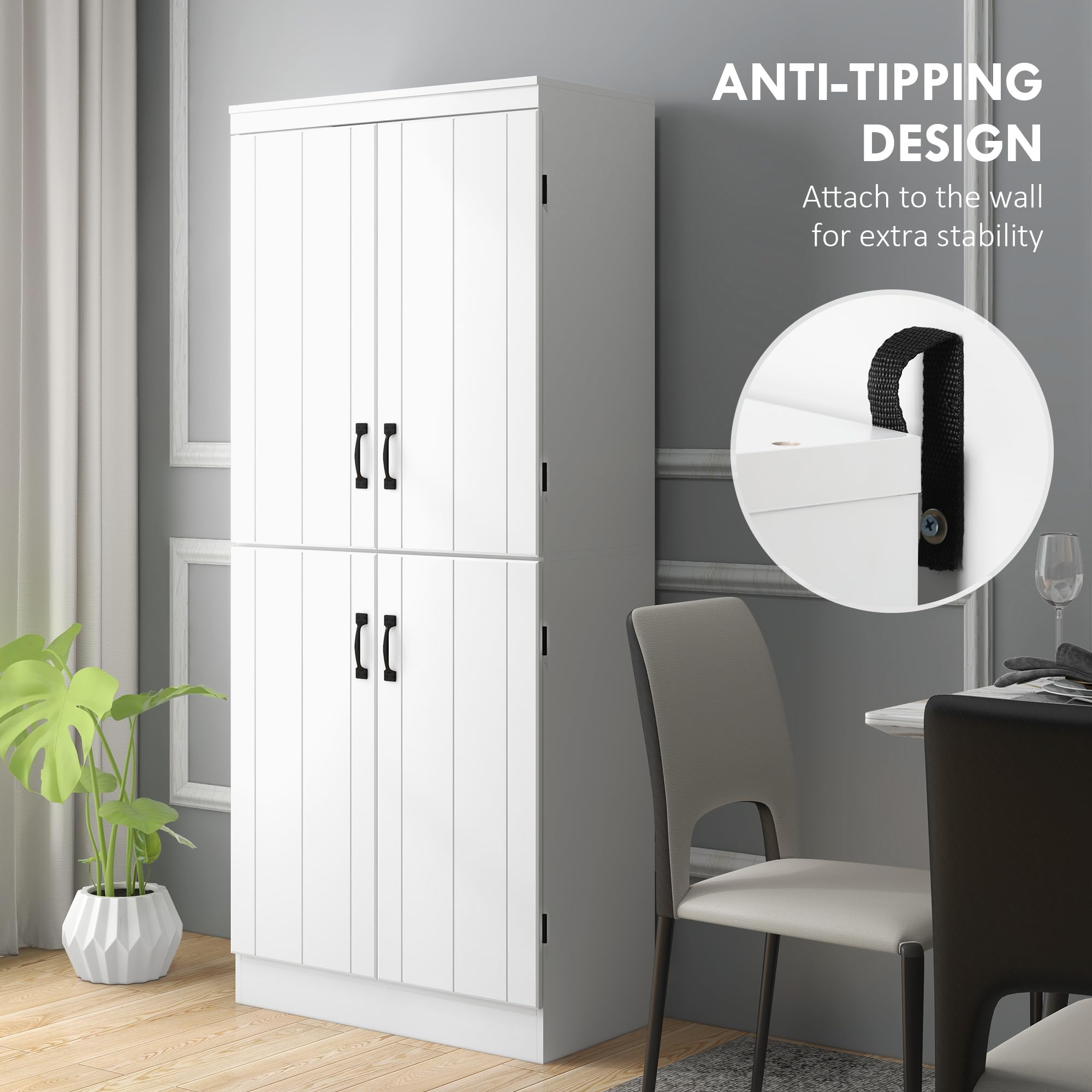 HOMCOM 70" Kitchen Pantry Cabinet, Freestanding Storage Cabinet with 4 Doors and 2 Adjustable Shelves for Dining Room, White - B09YXPKT9T