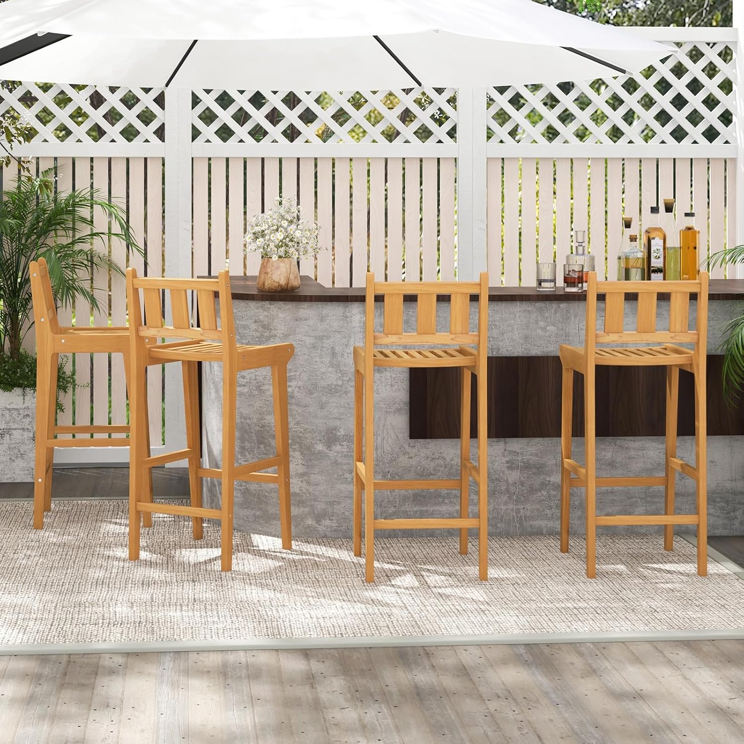 Tangkula Teak Wood Bar Stool, 30” Bar Chair with Footrest & Backrest - 4*JV11896