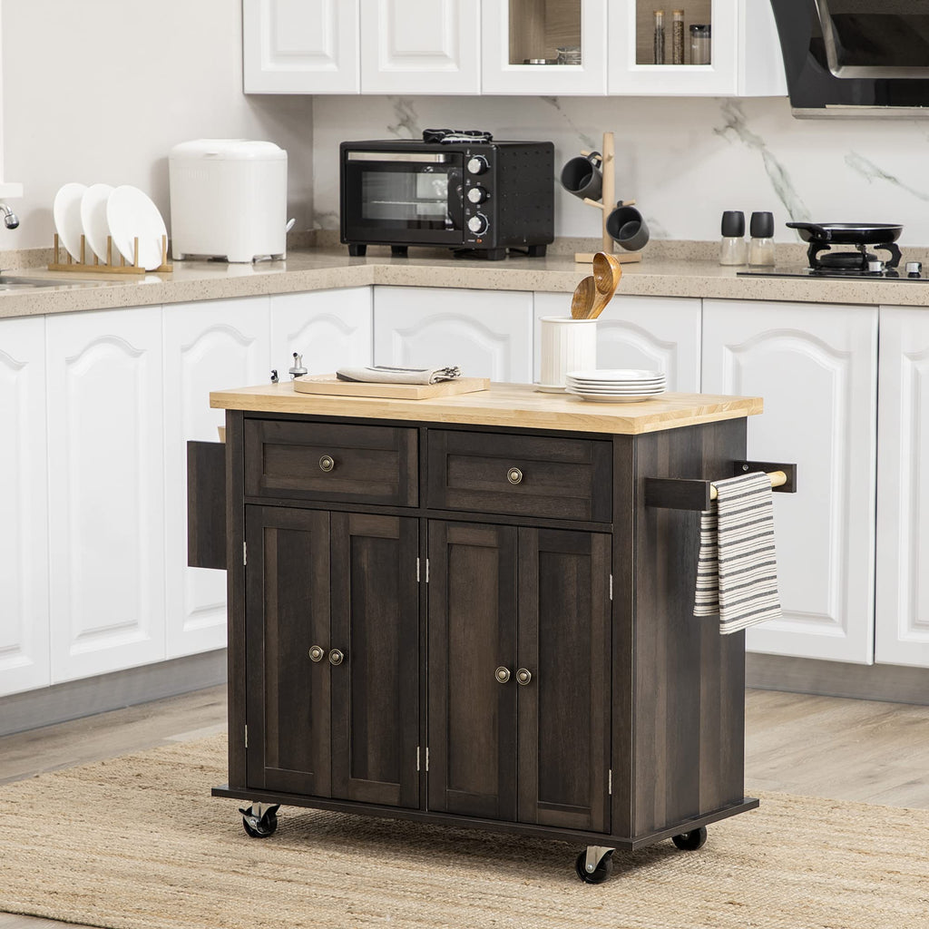 HomCom Kitchen Island on Wheels, Rolling Cart with Rubberwood Top - B0BLMCTYZS-1