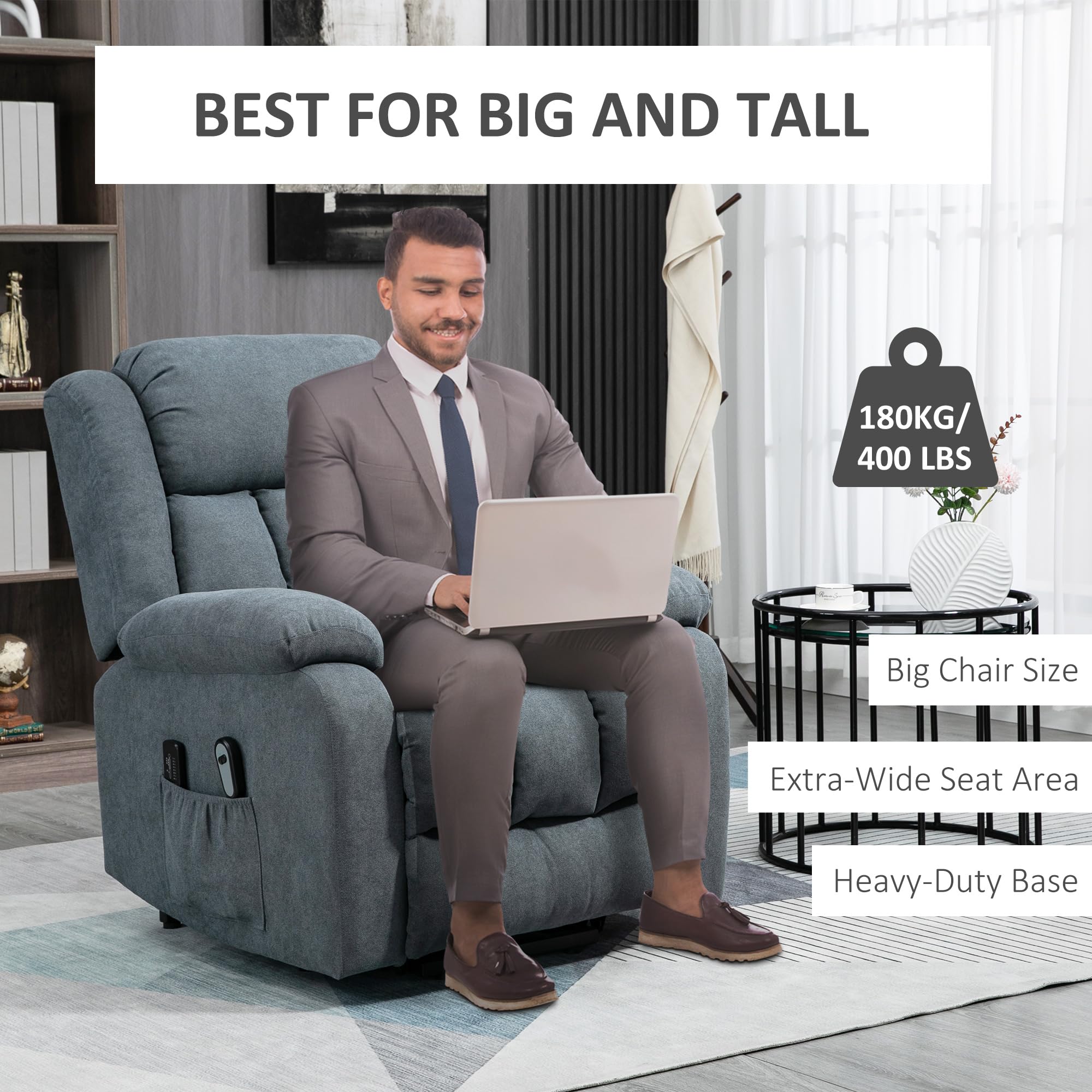 HomCom Power Lift Chair for Elderly Big and Tall with Massage, Linen Fabric Upholstered Recliner - B0B769TVRJ