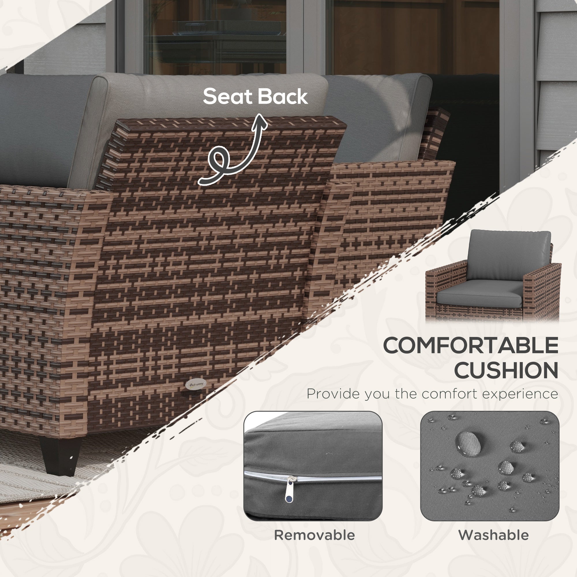 Outsunny 5-Piece PE Rattan Patio Set with 3-Seater Sofa, Armchairs, Footstools & Cushions, Mixed Brown - 860-311V00MB