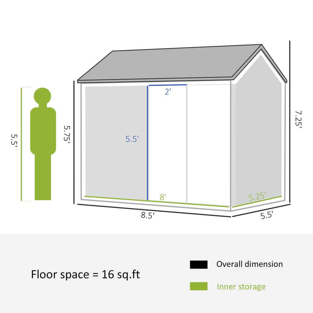 Outsunny 8' x 5.5' Extra Large Garden Shed, Tool Storage with Window, Metal Sloped Roof, Gray - 845-331V01GY