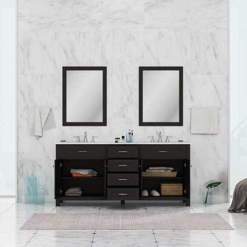 Alya Bath Norwalk 72" Double Espresso Freestanding  Bathroom Vanity With Carrara Marble Top, Ceramic Sink and Two Mirrors - HE-101-72D-E-CWMT + 2x HE-101/102-30-E-M