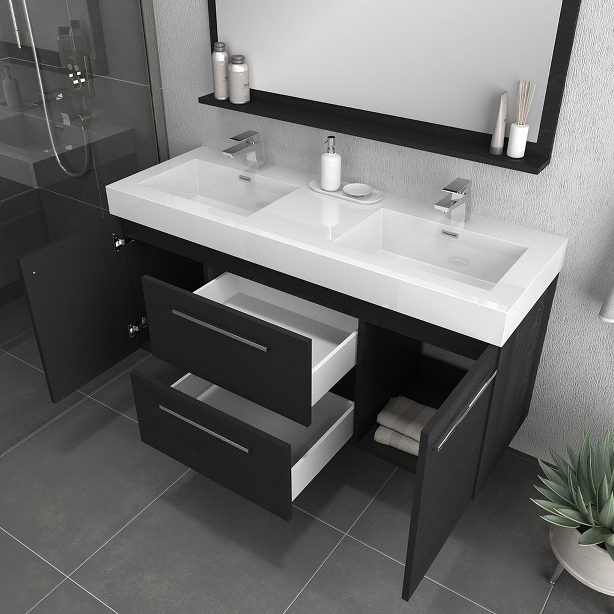 Alya Bath Ripley 54" Double Black Modern Wall Mounted Bathroom Vanity With Integrated Acrylic Top, Acrylic Sink and Wall Mounted Mirror - AT-8047-B-D+AT-48-M-B