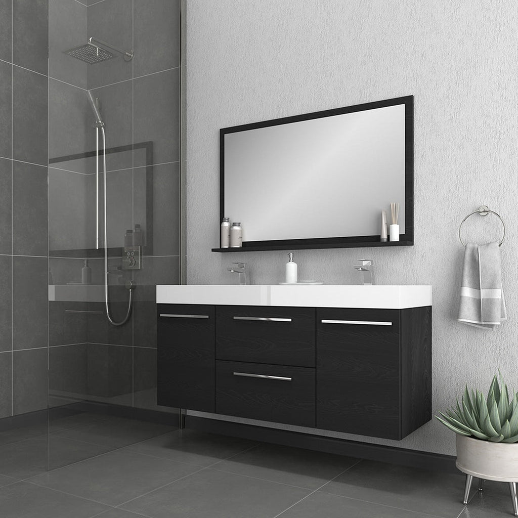 Alya Bath Ripley 54" Double Black Modern Wall Mounted Bathroom Vanity With Integrated Acrylic Top, Acrylic Sink and Wall Mounted Mirror - AT-8047-B-D+AT-48-M-B