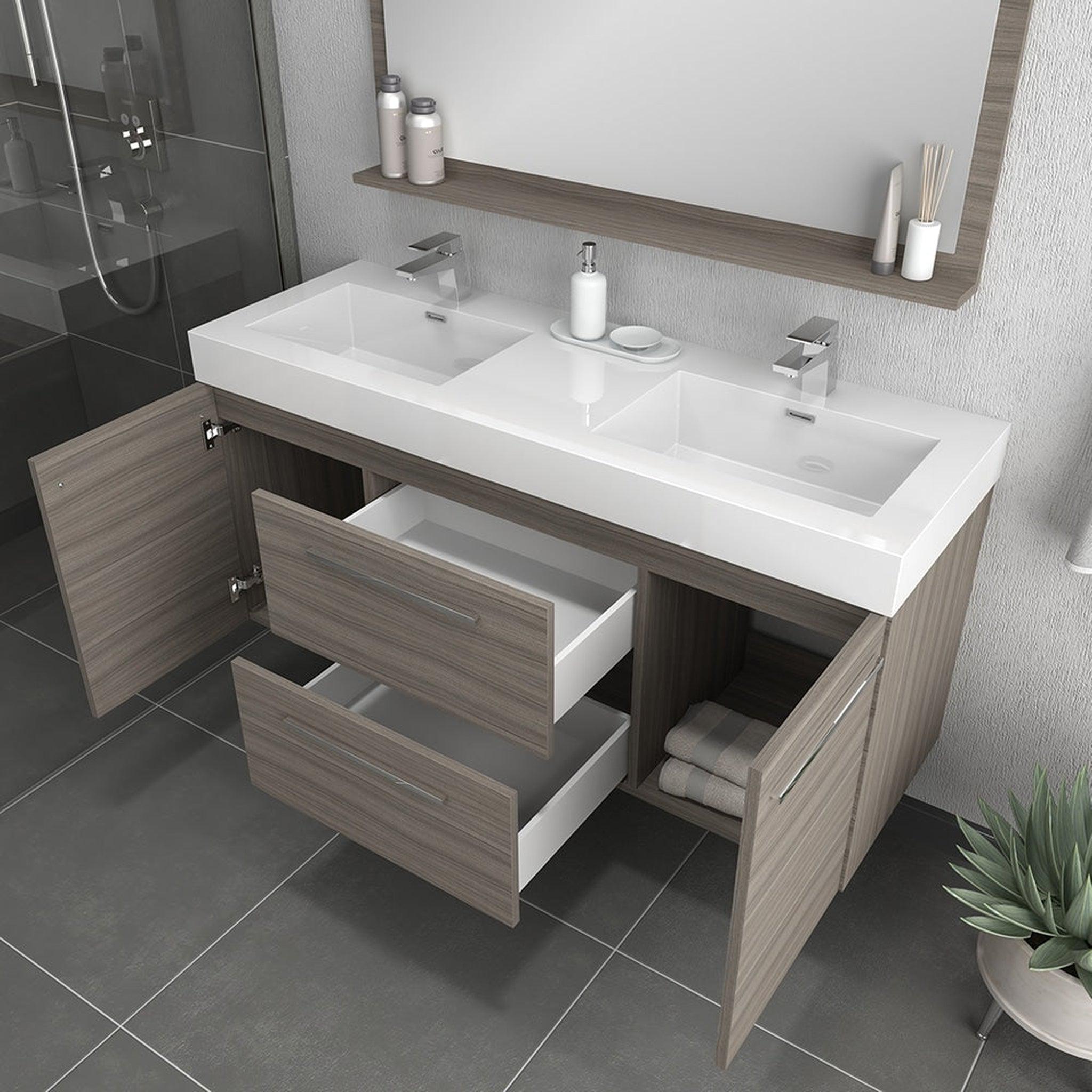 Alya Bath Ripley  54" Double Gray Modern Wall Mounted  Bathroom Vanity With Integrated Acrylic Top, Acrylic Sink and Wall Mounted Mirror - AT-8047-G-D+AT-48-M-G