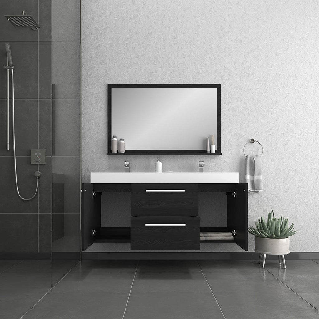 Alya Bath Ripley 60" Double Black Modern Wall Mounted Bathroom Vanity With Integrated Acrylic Top, Acrylic Sink and Wall Mounted Mirror - AT-8047-B-60+AT-48-M-B