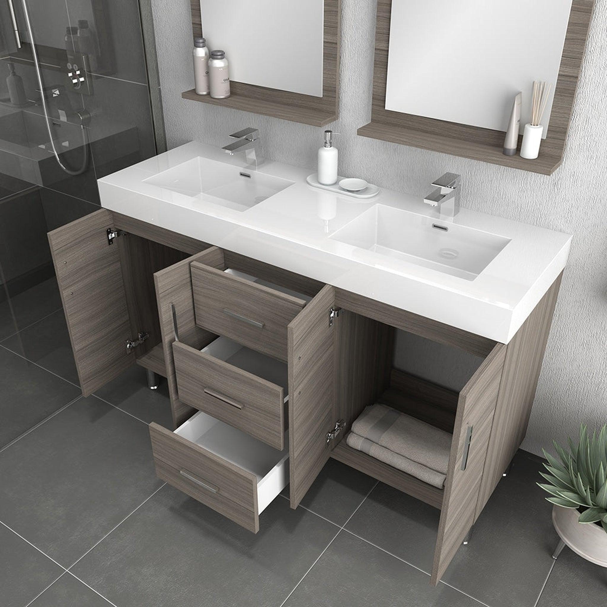 Alya Bath Ripley 60" Double Gray Modern Freestanding Bathroom Vanity With Integrated Acrylic Top, Acrylic Sink and Wall Mounted Mirror - AT-8043-G-60+2x AT-24-M-G
