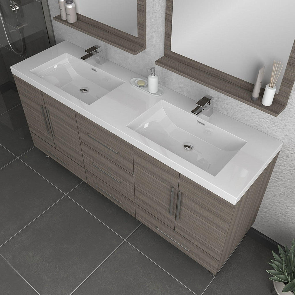 Alya Bath Ripley 72" Double Gray Modern Freestanding Bathroom Vanity With Integrated Acrylic Top, Acrylic Sink and Wall Mounted Mirror - AT-8063-G-72+2x AT-30-M-G