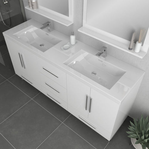 Alya Bath Ripley 72" Double White Modern Freestanding Bathroom Vanity With Integrated Acrylic Top, Acrylic Sink and Wall Mounted Mirror - AT-8063-W-72+2x AT-30-M-W
