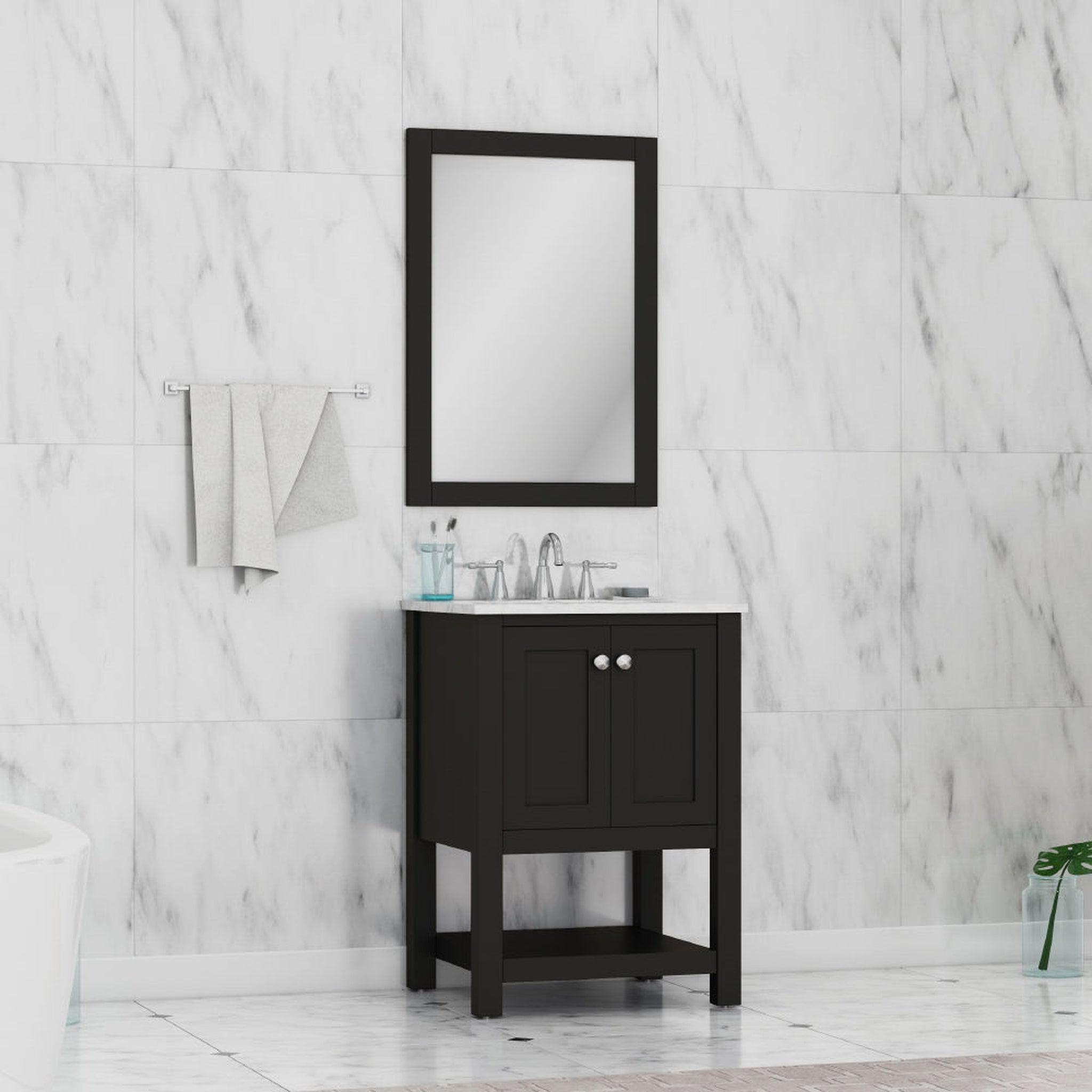 Alya Bath Wilmington 24" Single Blue Freestanding  Bathroom Vanity With Carrara Marble Top, Ceramic Sink and Wall Mounted Mirror - HE-102-24-B-CWMT+HE-101/102-24-B-M