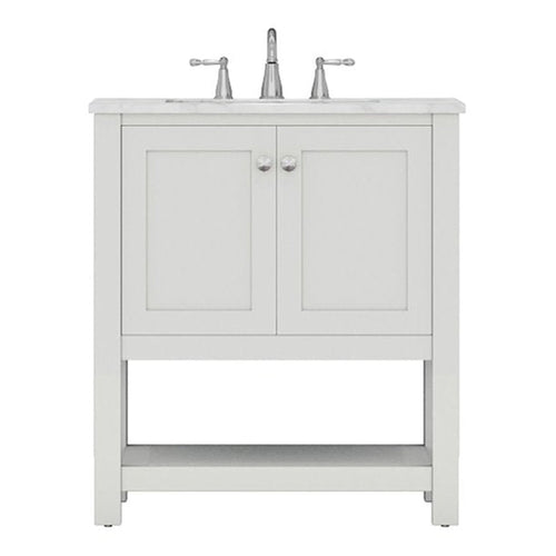 Alya Bath Wilmington 30" Single White Freestanding  Bathroom Vanity With Carrara Marble Top, Ceramic Sink and Wall Mounted Mirror - HE-102-30-W-CWMT+HE-101/102-30-W-M