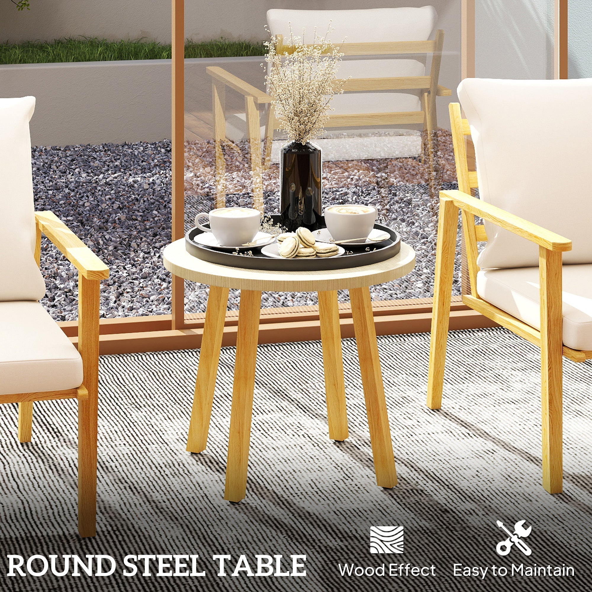 Outsunny Outdoor Conversation Set, 3-Piece Wood-Look Table & Chairs, Deep Seat with Cushions, Cream White - 84G-613V00CW
