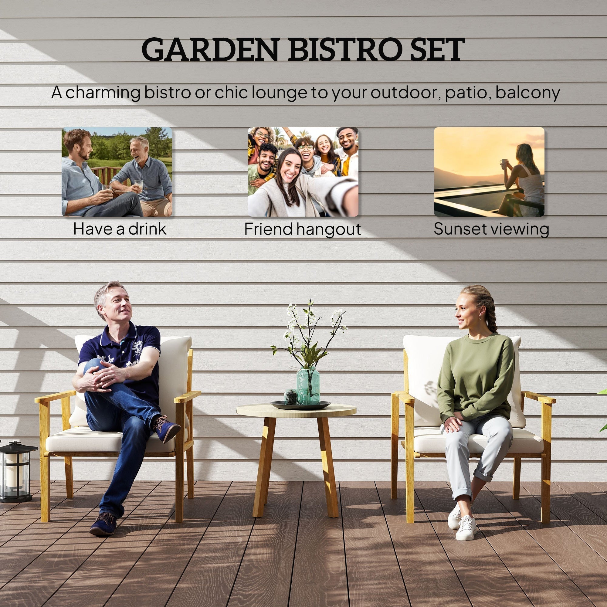 Outsunny Outdoor Conversation Set, 3-Piece Wood-Look Table & Chairs, Deep Seat with Cushions, Cream White - 84G-613V00CW