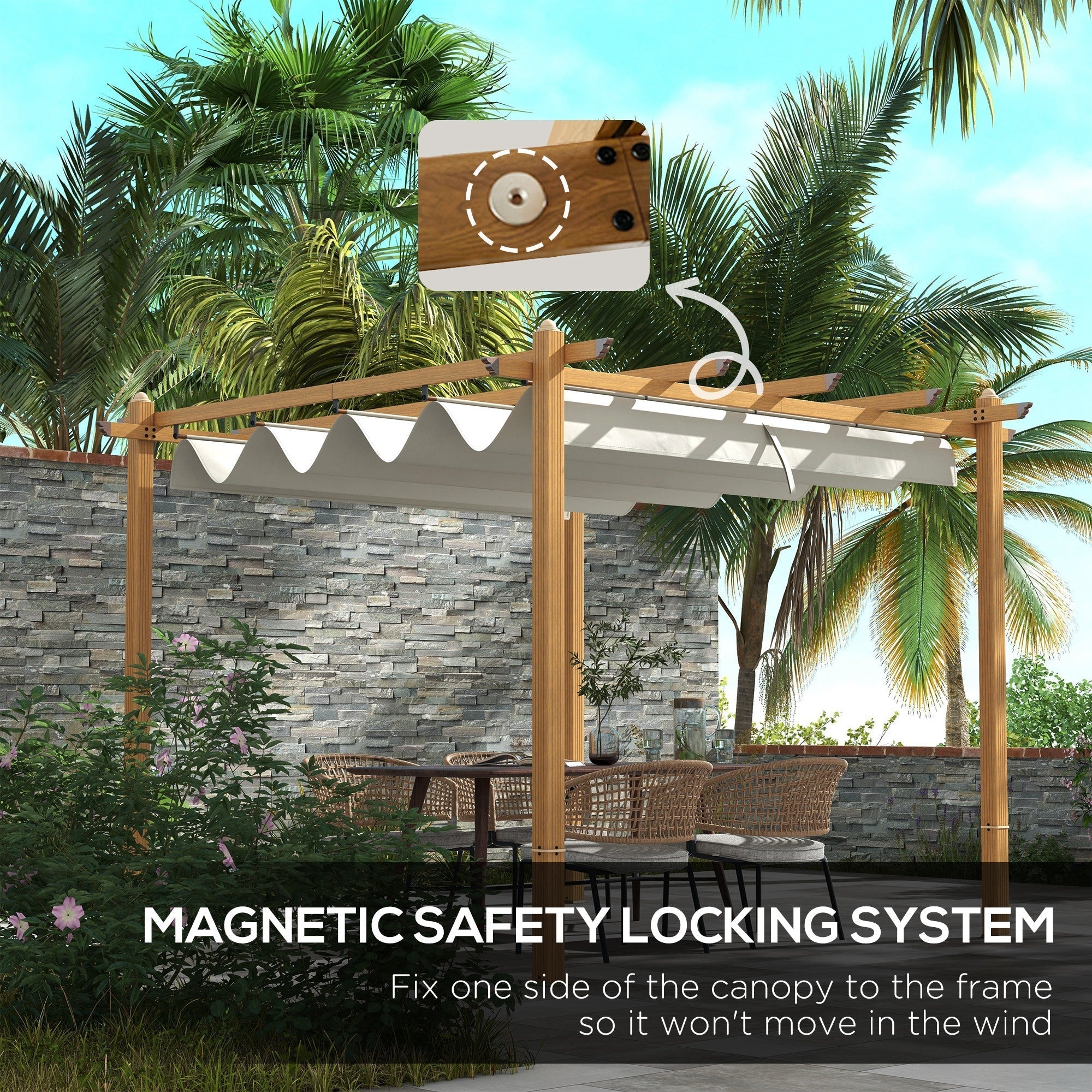 Outsunny 10' x 13' Retractable Pergola Canopy, Wood Grain Aluminum Frame, for Outdoor Shade Shelter, Cream - 84C-472V02ND