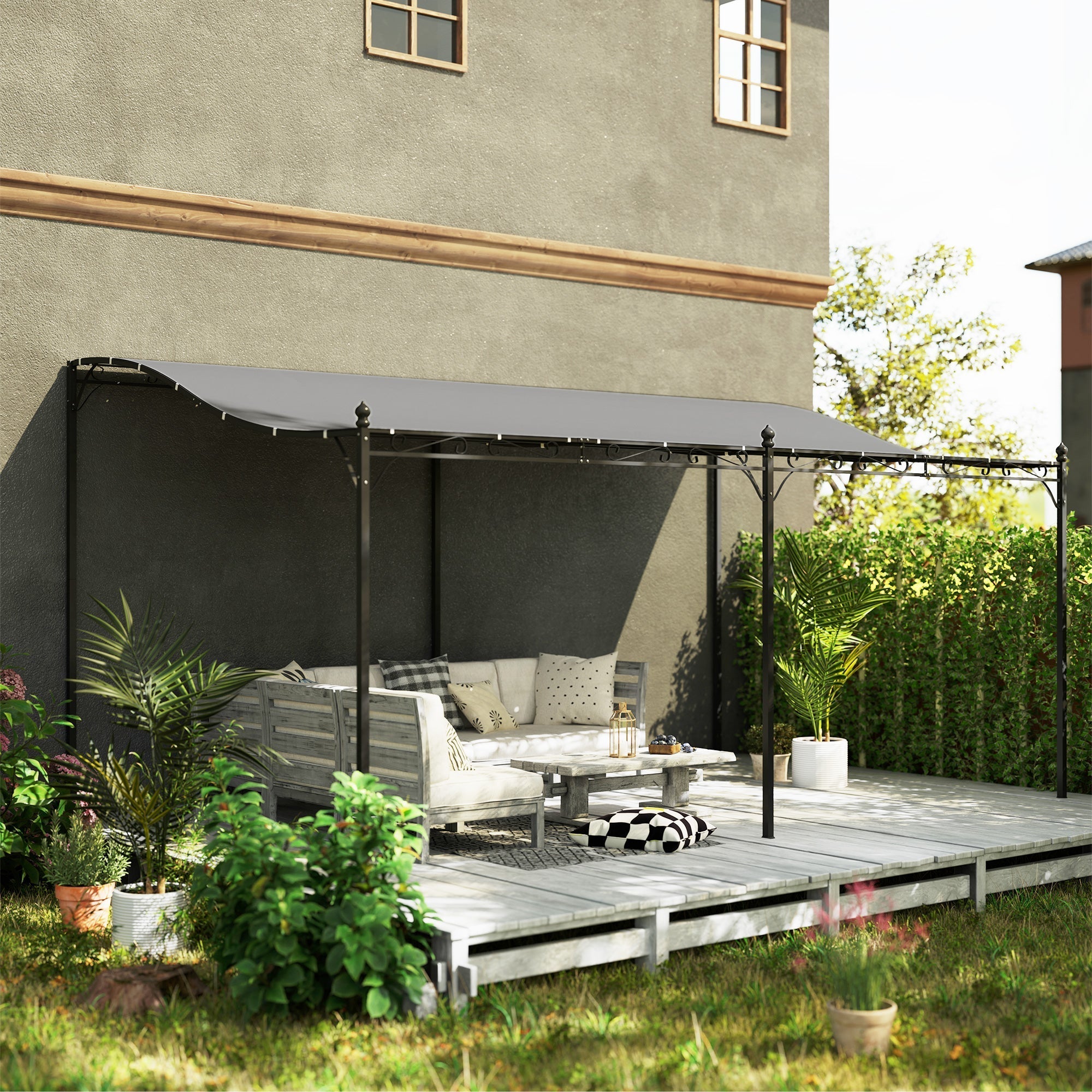 Outsunny 10' x 16' Wall-Mounted Pergola Canopy, Metal Patio Canopy, Drainage Holes, Dark Gray - 84C-582V00CG