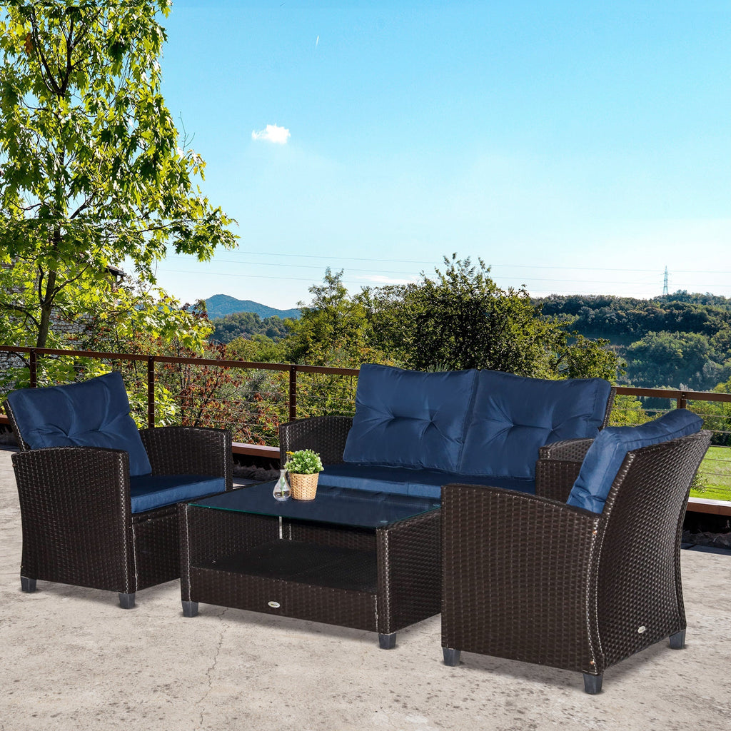 Outsunny 4-Piece PE Rattan Patio Set with Cushions & Two-Tier Coffee Table, Blue - 860-117BU
