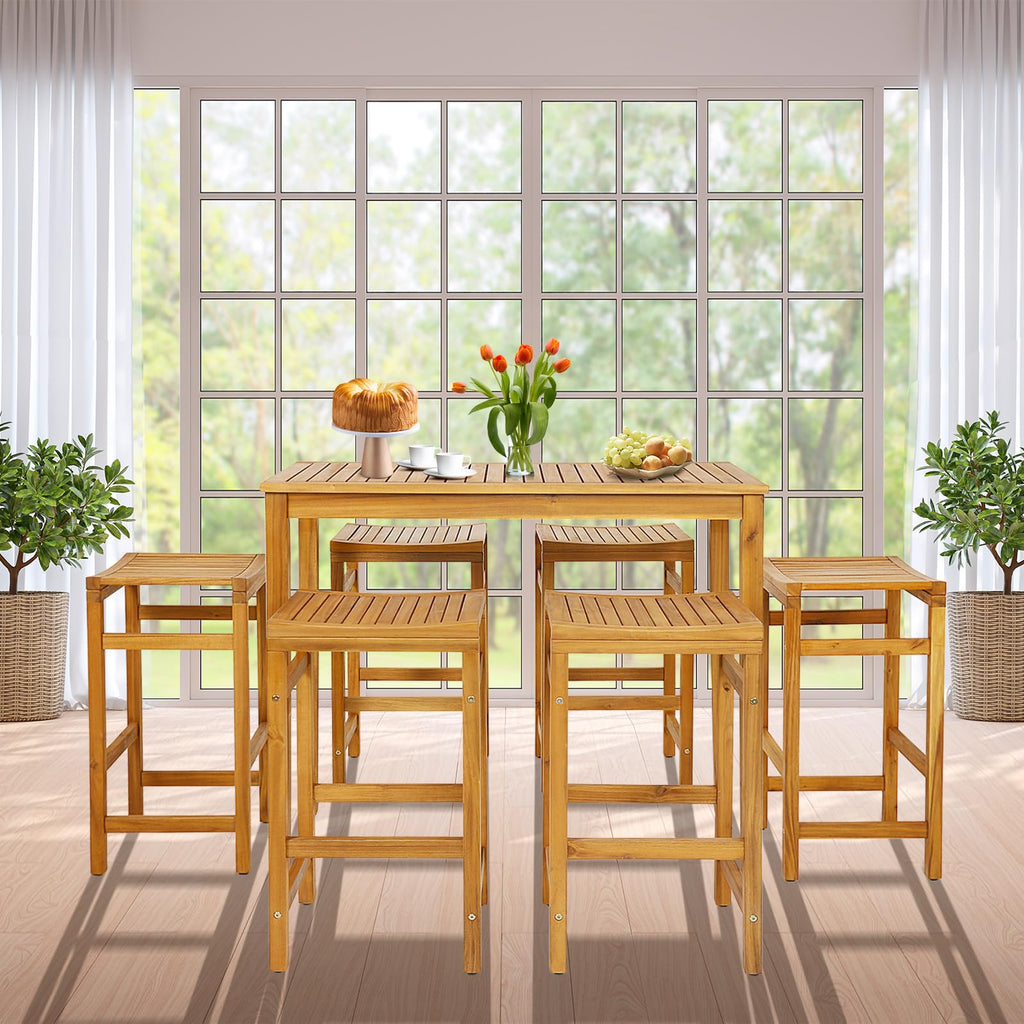 Tangkula 5 Piece Outdoor Acacia Wood Bar Table Set - HW71325+HW71326-4+HW71326-2 Price