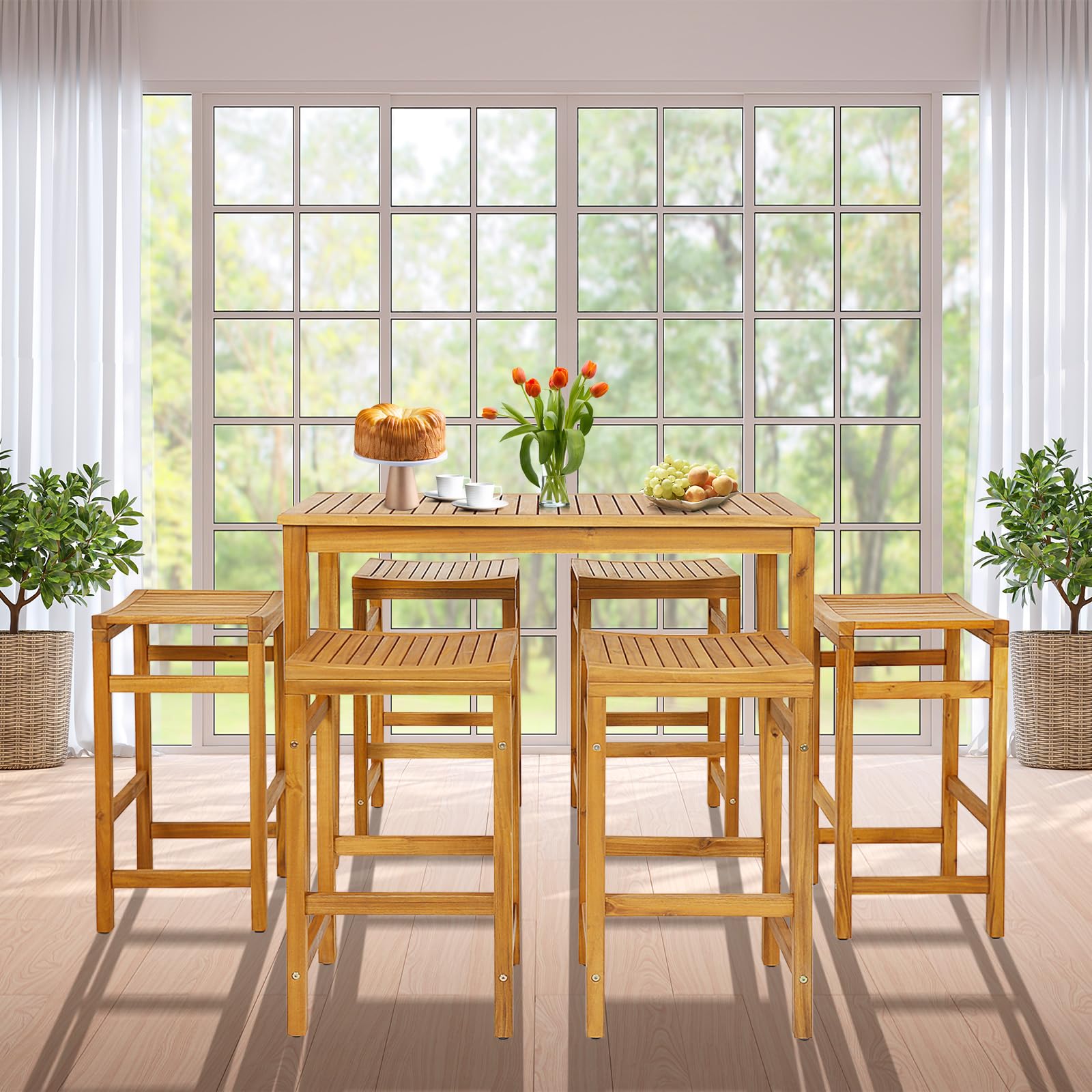 Tangkula 5 Piece Outdoor Acacia Wood Bar Table Set - HW71325+HW71326-4+HW71326-2 Price