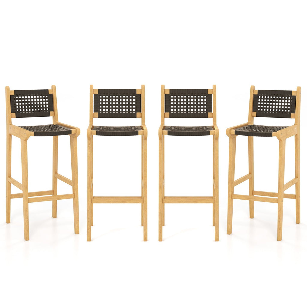 Tangkula Teak Wood Bar Chair, 30” Rattan Bar Stool with Backrest & Footrest - JV11897