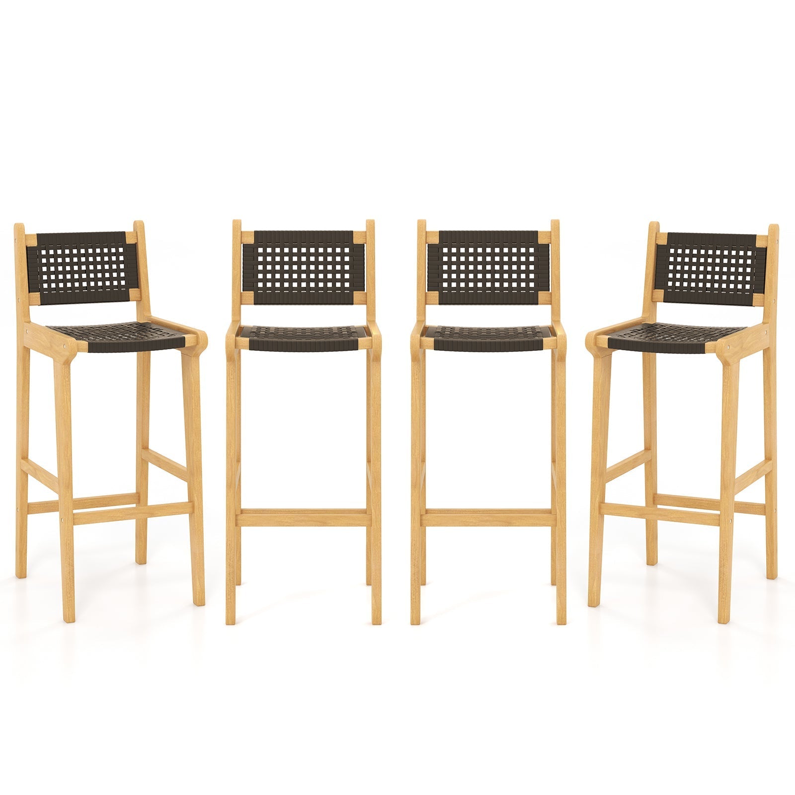 Tangkula Teak Wood Bar Chair, 30” Rattan Bar Stool with Backrest & Footrest - JV11897