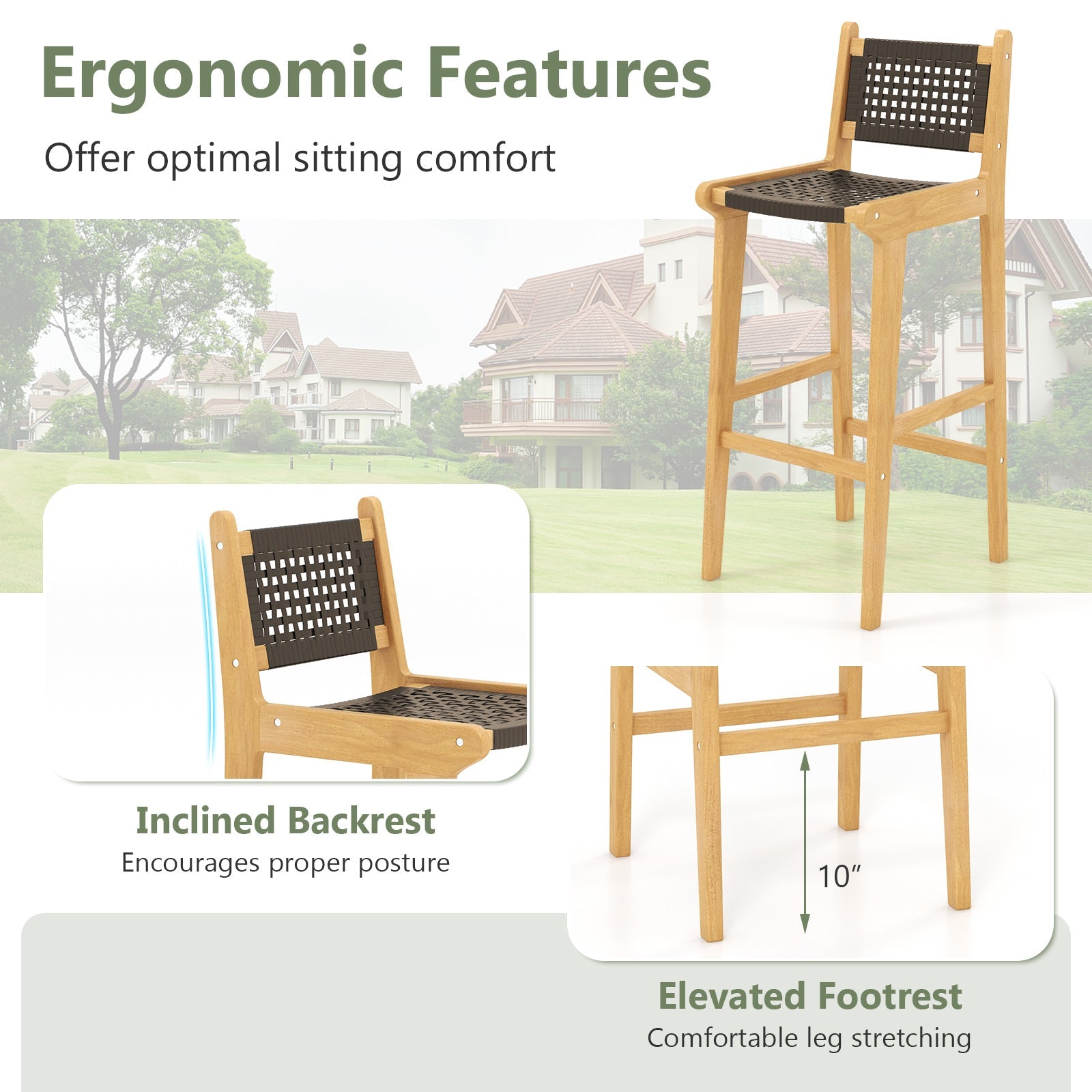 Tangkula Teak Wood Bar Chair, 30” Rattan Bar Stool with Backrest & Footrest - JV11897